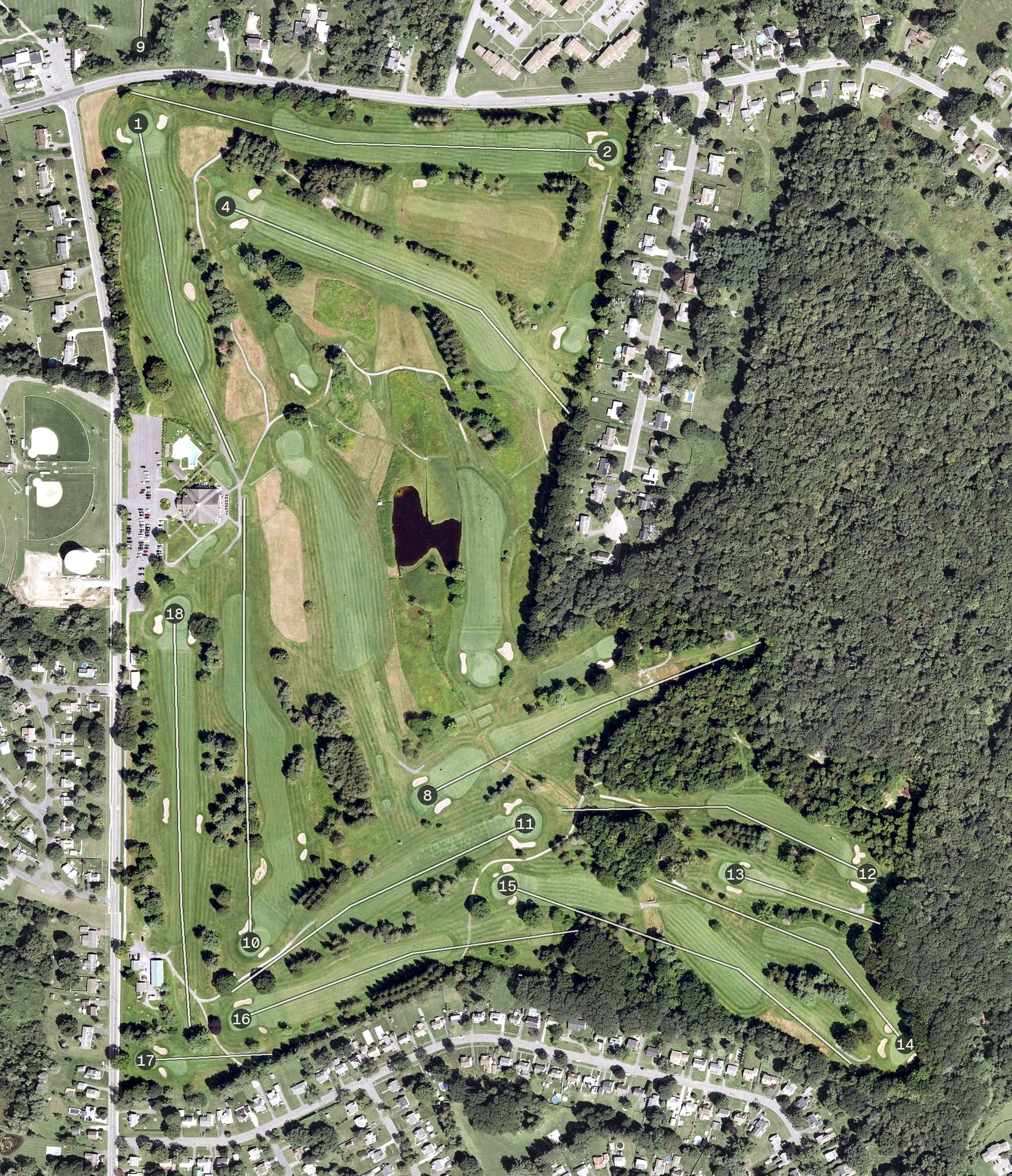 Aerial view of Berkshire Hills Country Club, MA, with its hole routing marked