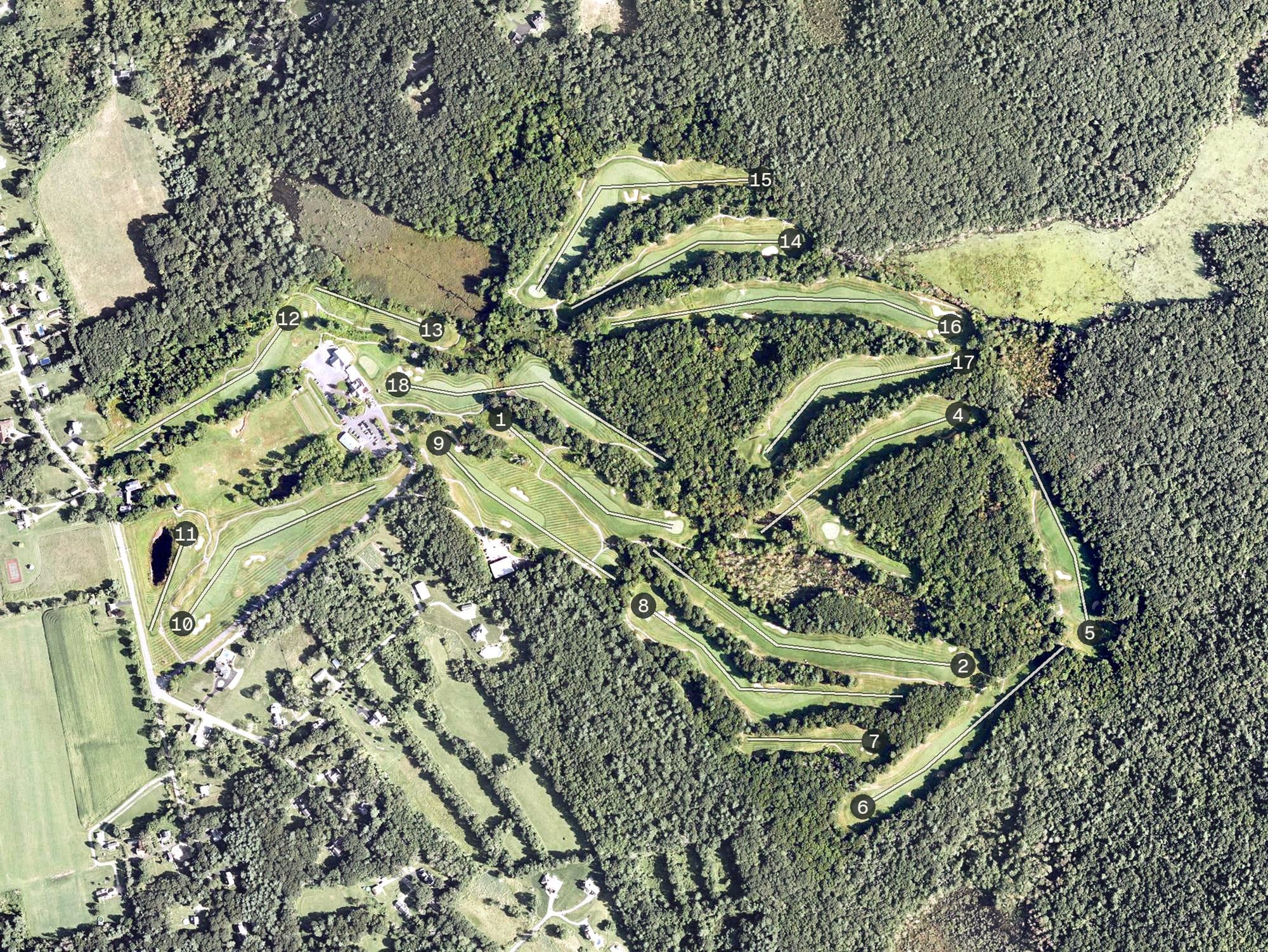 Aerial view of Blackstone National Golf Club, MA, with its hole routing marked