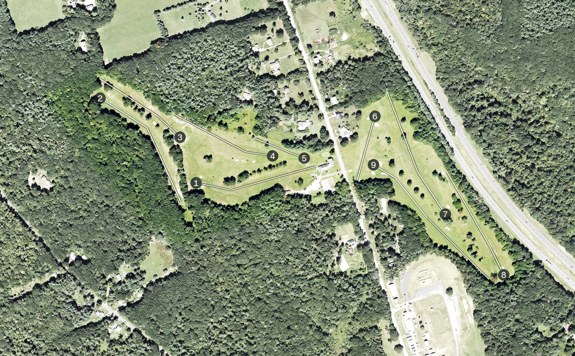 Aerial view of Blanford Club, MA, with its hole routing marked