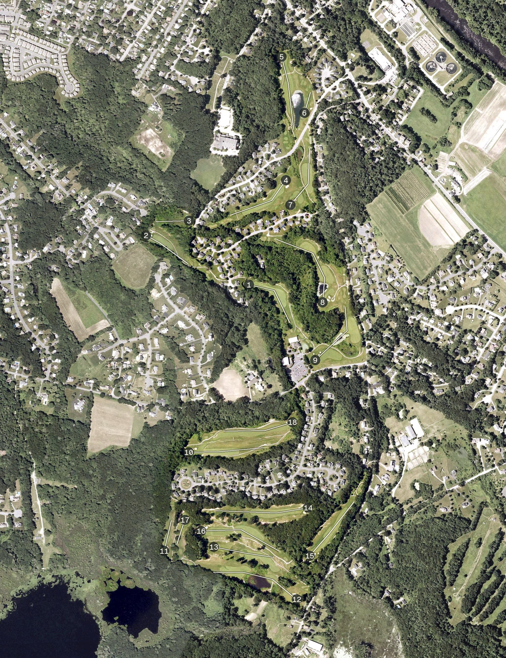 Aerial view of Bradford Country Club, MA, with its hole routing marked