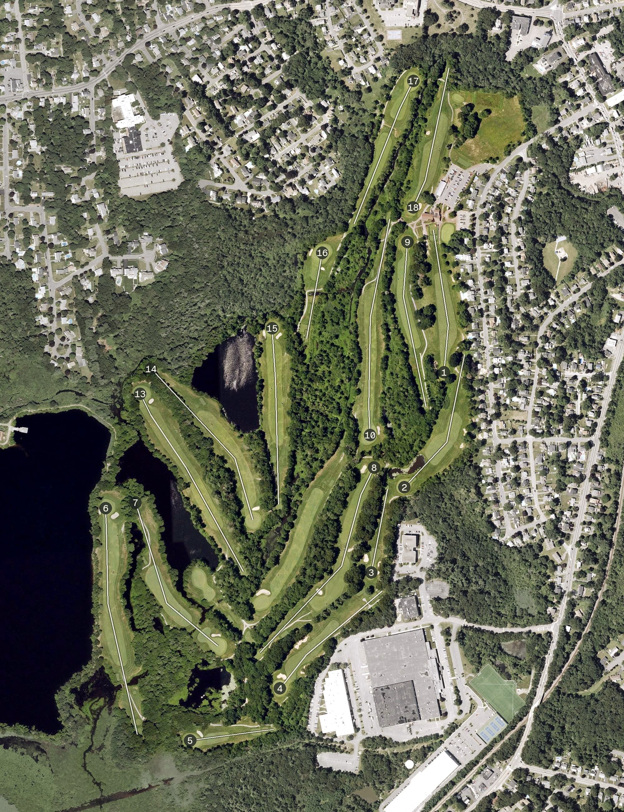 Aerial view of Braintree Municipal Golf Course, MA, with its hole routing marked