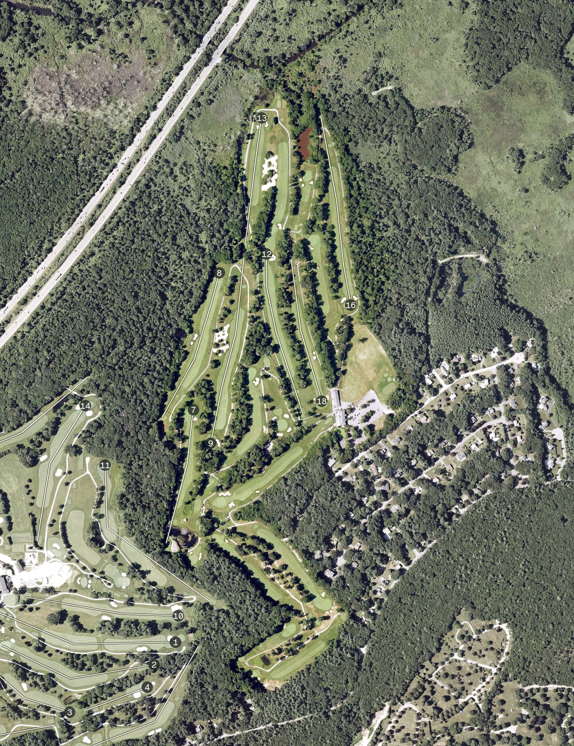 Aerial view of Brookmeadow Country Club, MA, with its hole routing marked