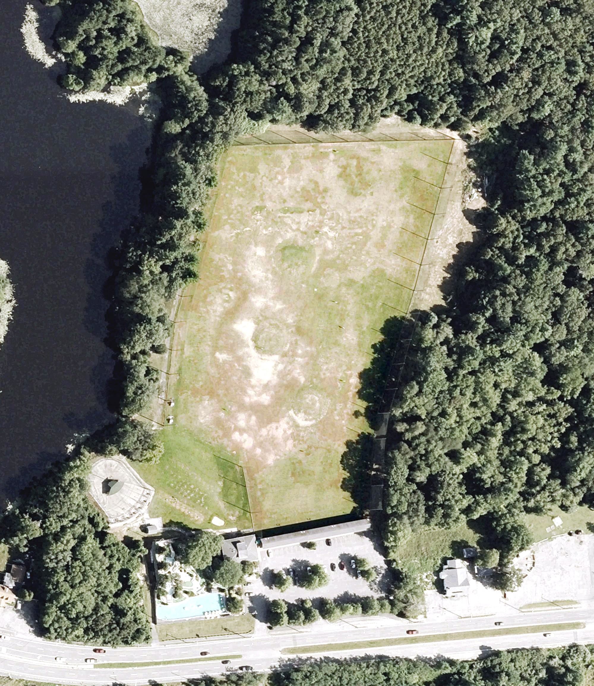 Aerial view of Caddy Shack Driving Range, MA, with its hole routing marked