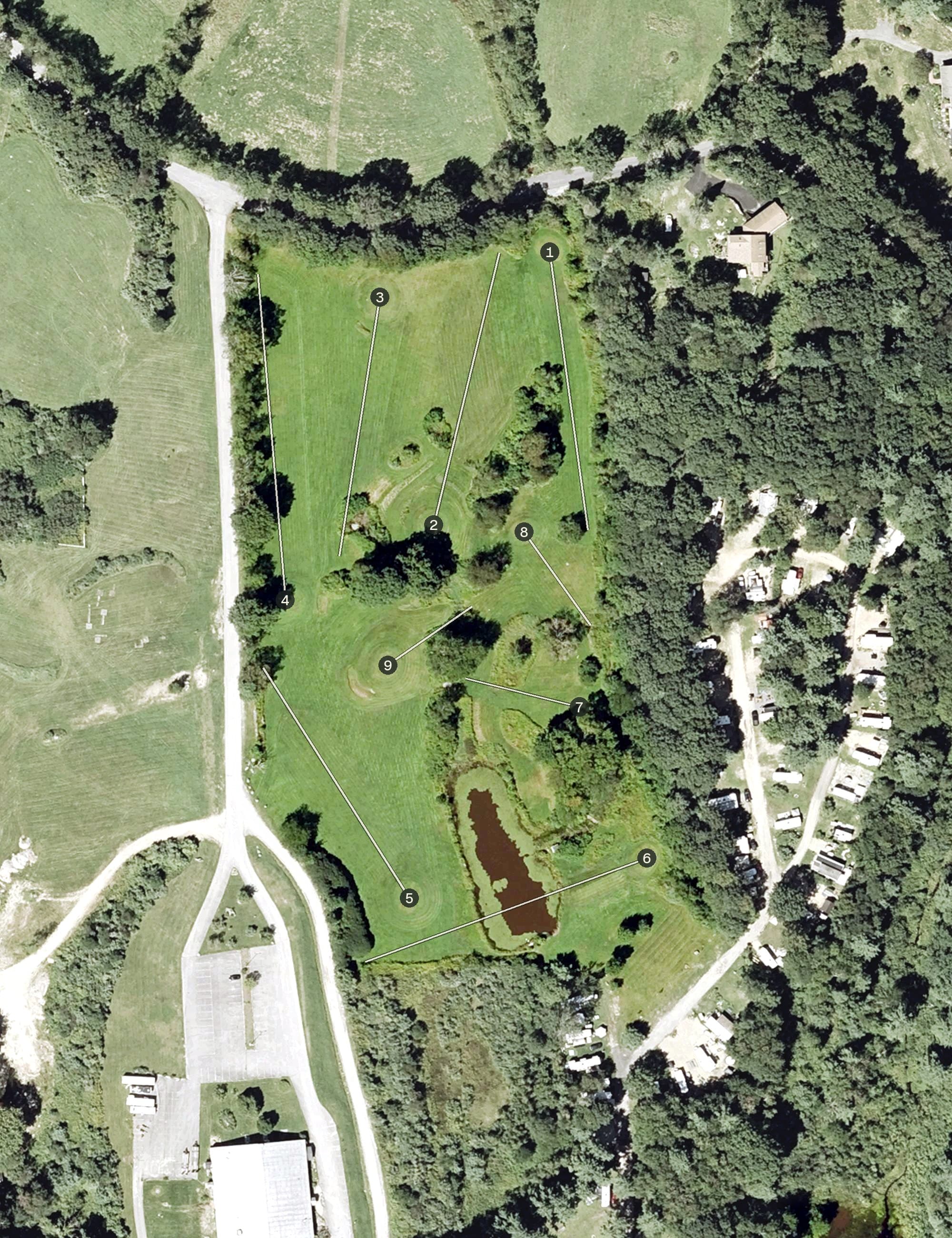 Aerial view of Camp Coldbrook Executive Course, MA, with its hole routing marked