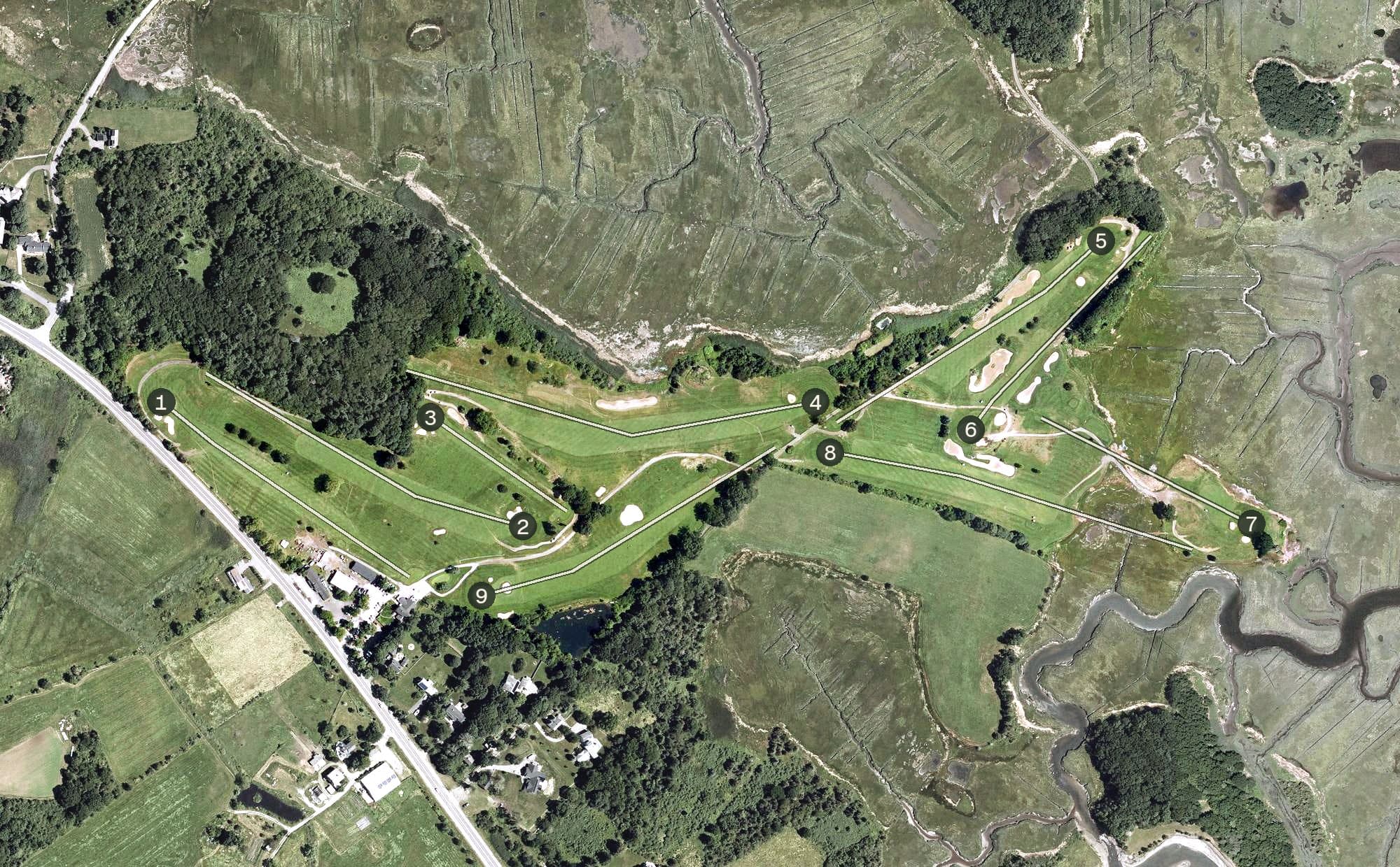 Aerial view of Cape Ann Golf Course, MA, with its hole routing marked