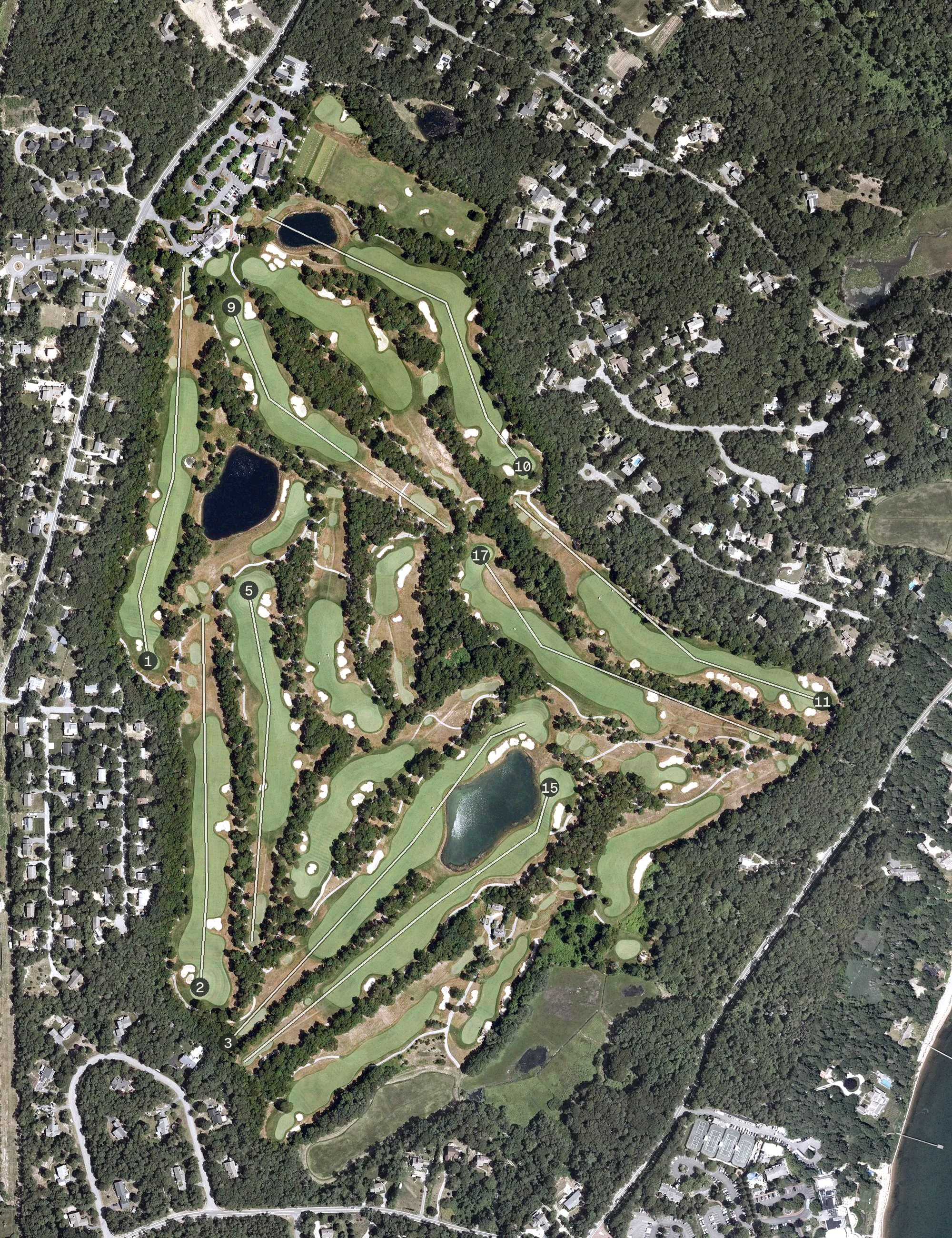 Aerial view of Cape Cod National Golf Club, MA, with its hole routing marked