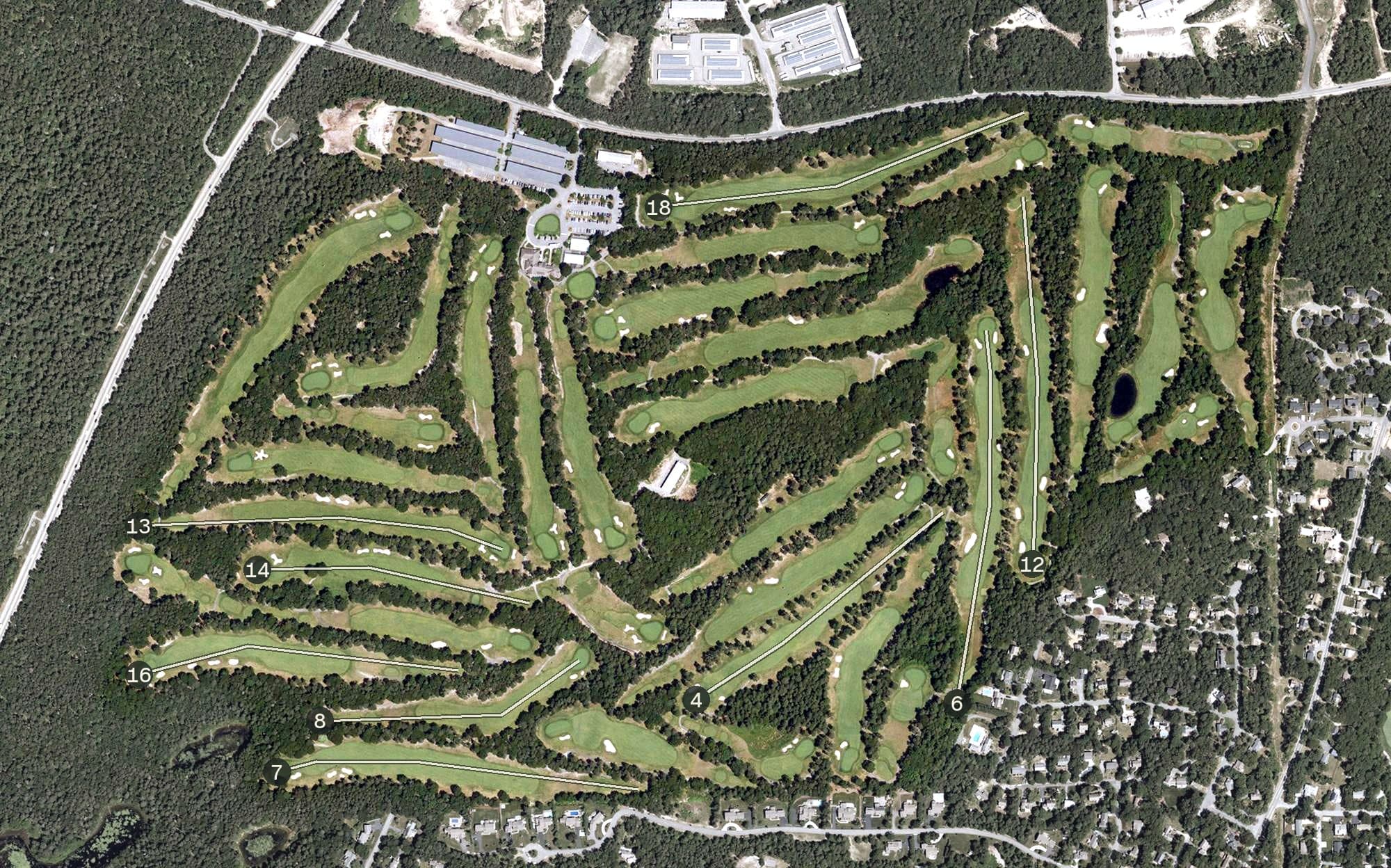 Aerial view of Captains Golf Course, MA, with its hole routing marked