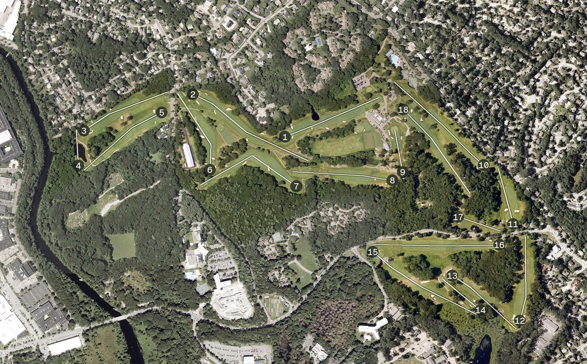 Aerial view of Charles River Country Club, MA, with its hole routing marked