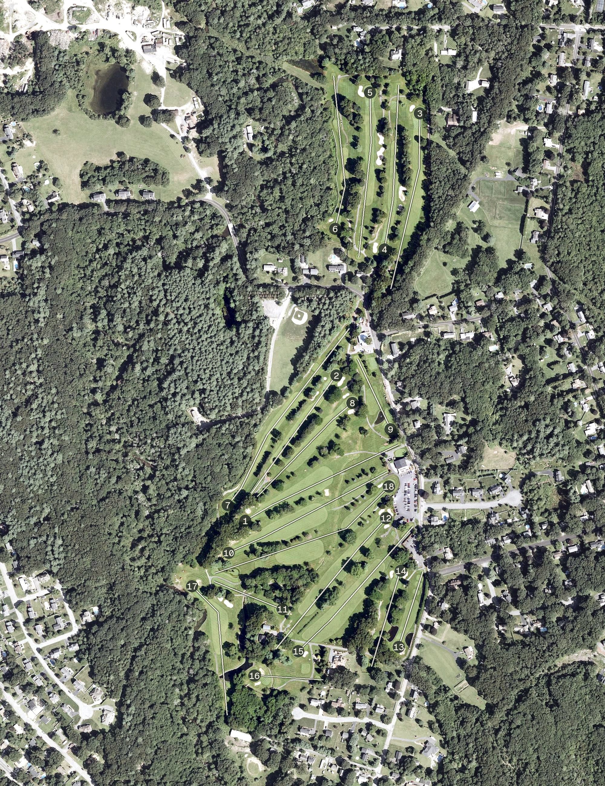 Aerial view of Chemawa Golf Course, MA, with its hole routing marked