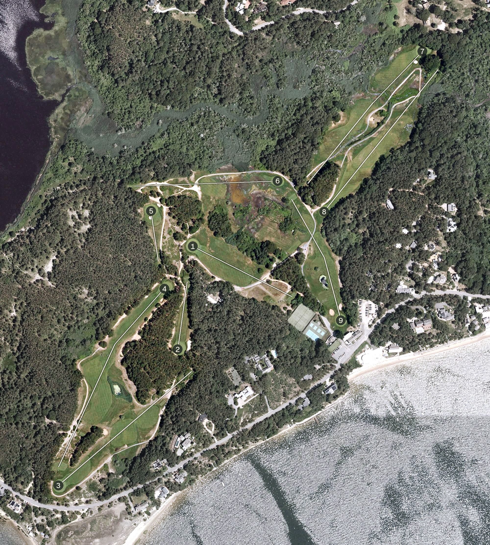 Aerial view of Chequessett Yacht and Country Club, MA, with its hole routing marked
