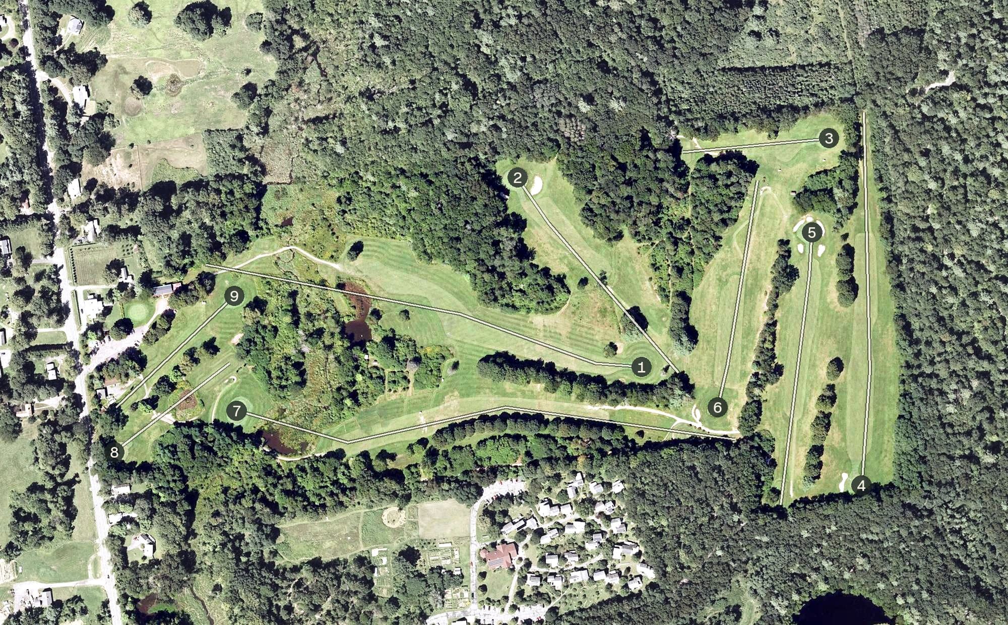 Aerial view of Cherry Hill Golf Course, MA, with its hole routing marked