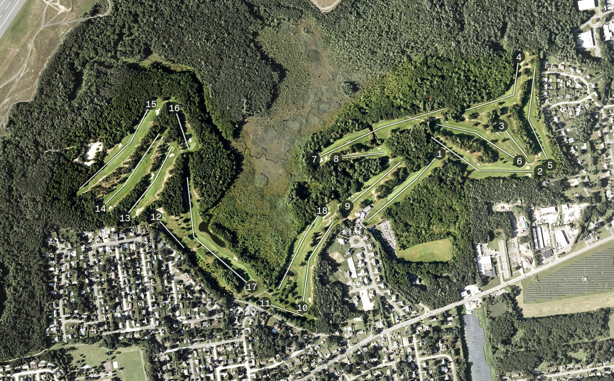 Aerial view of Chicopee Country Club, MA, with its hole routing marked
