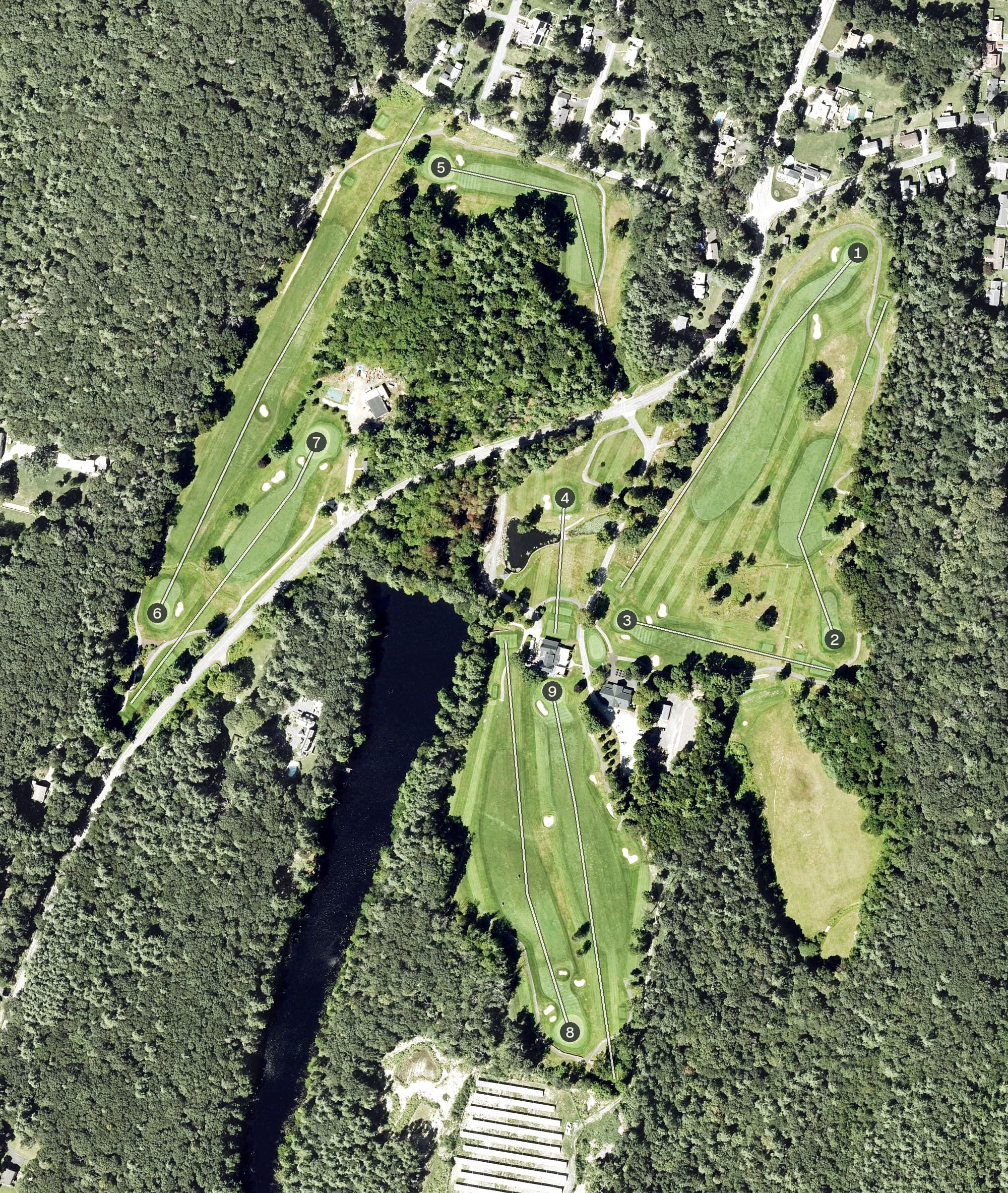 Aerial view of Cohasse Country Club, MA, with its hole routing marked