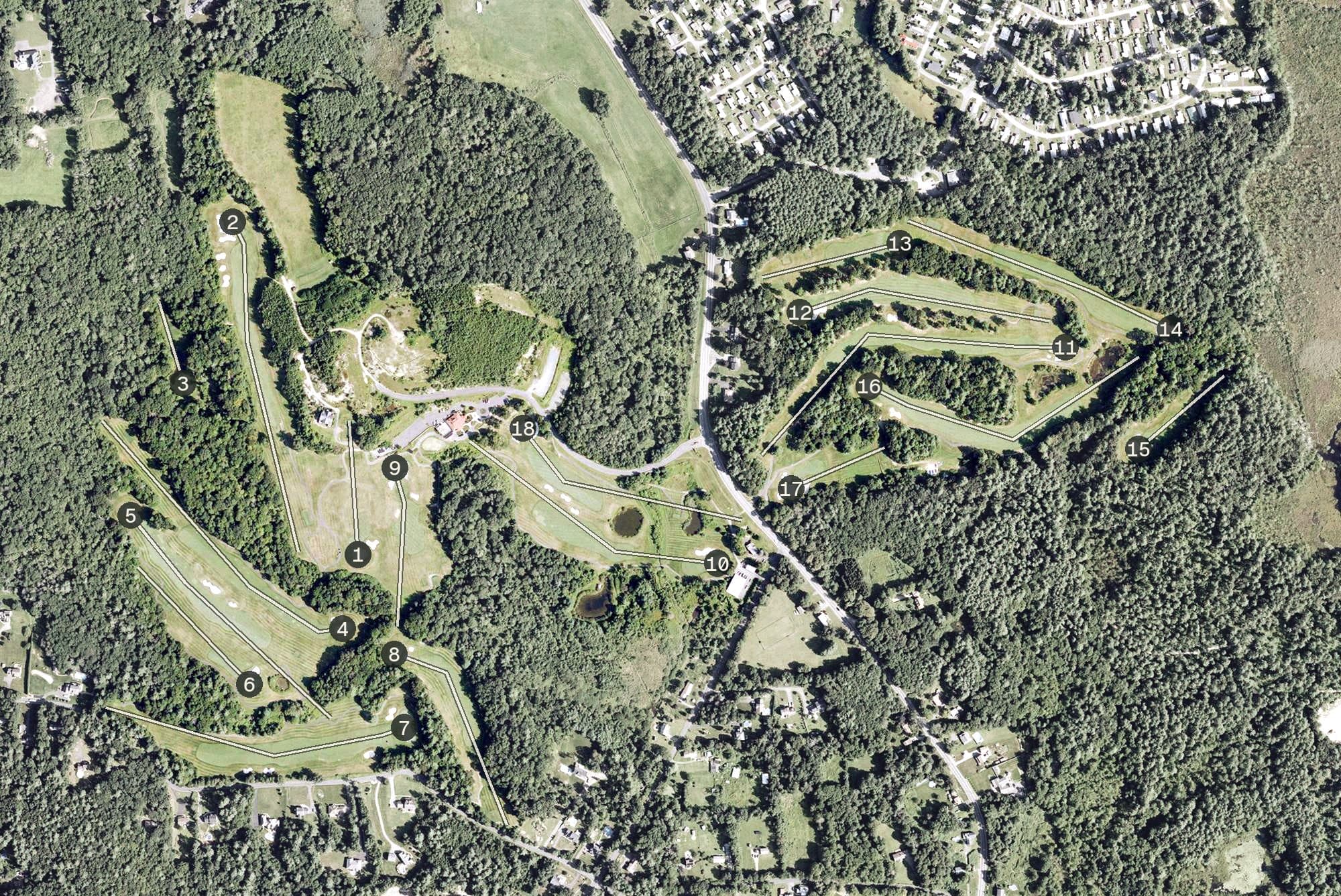 Aerial view of Cold Spring Country Club, MA, with its hole routing marked