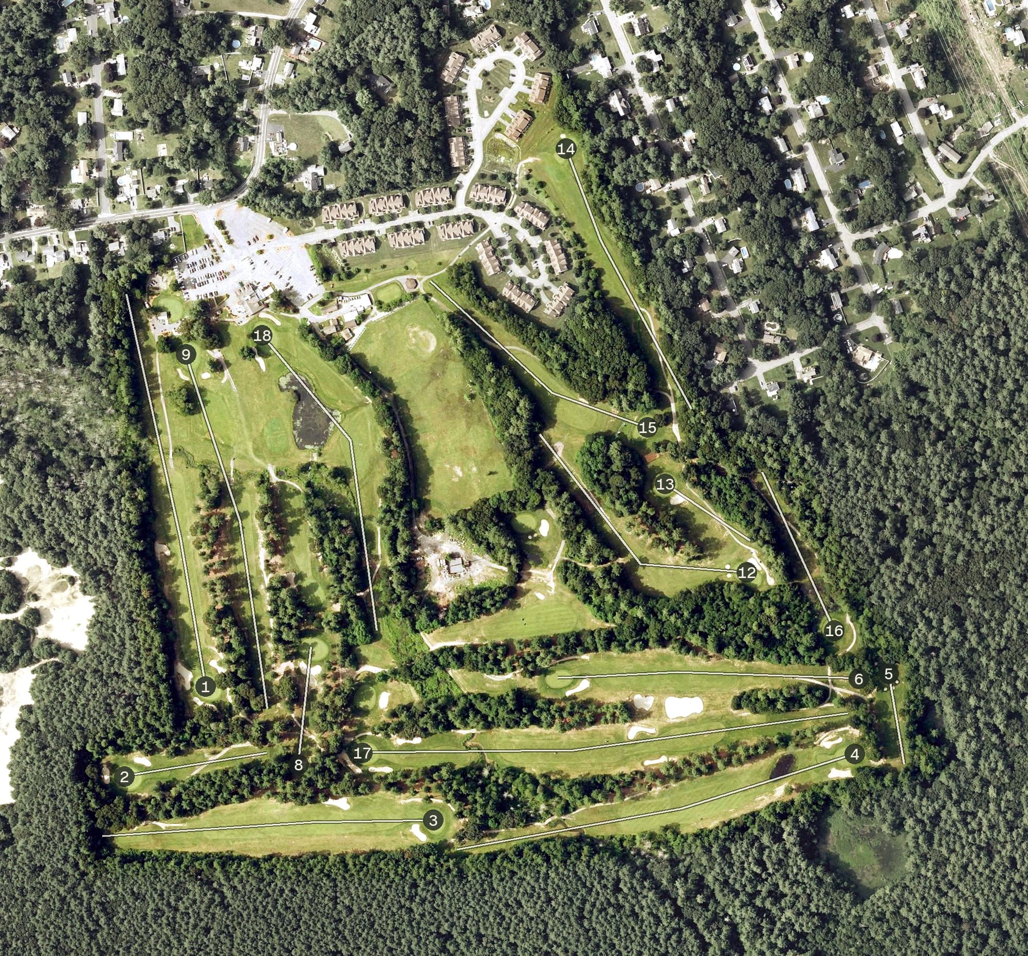 Aerial view of Country Club Of Billerica, MA, with its hole routing marked
