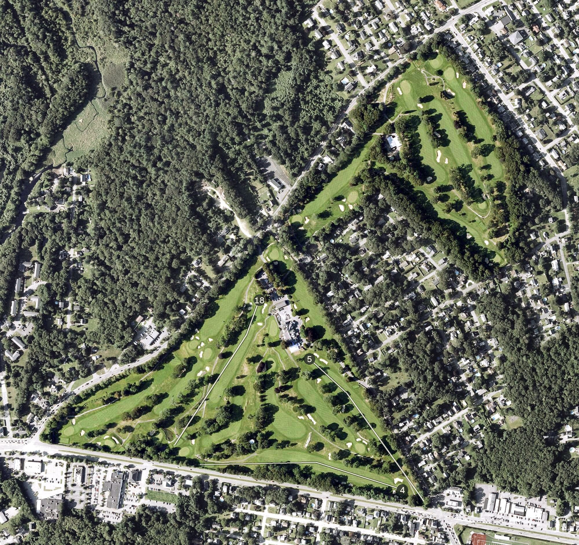 Aerial view of Country Club Of New Bedford, MA, with its hole routing marked
