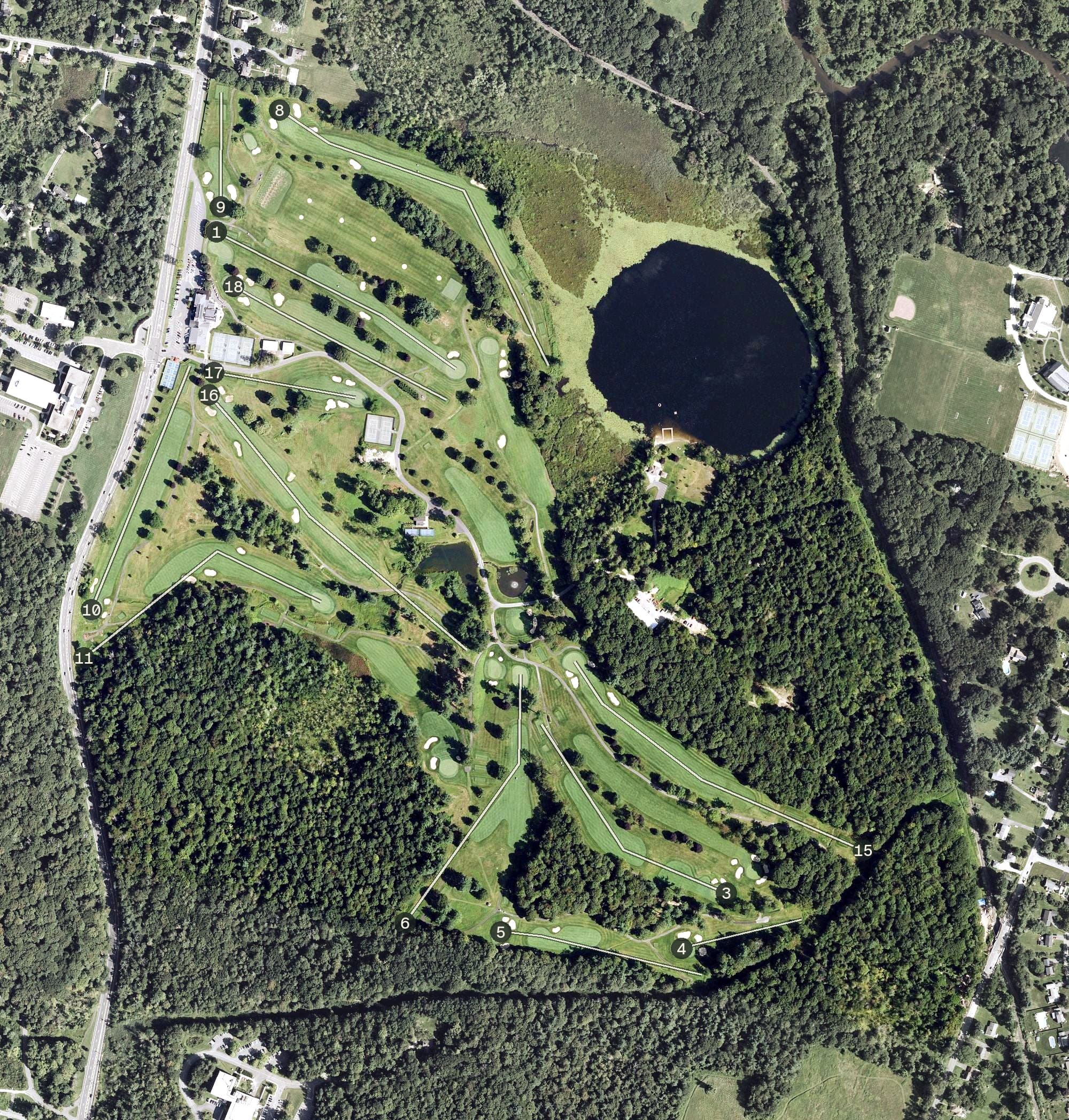 Aerial view of Country Club Of Pittsfield, MA, with its hole routing marked