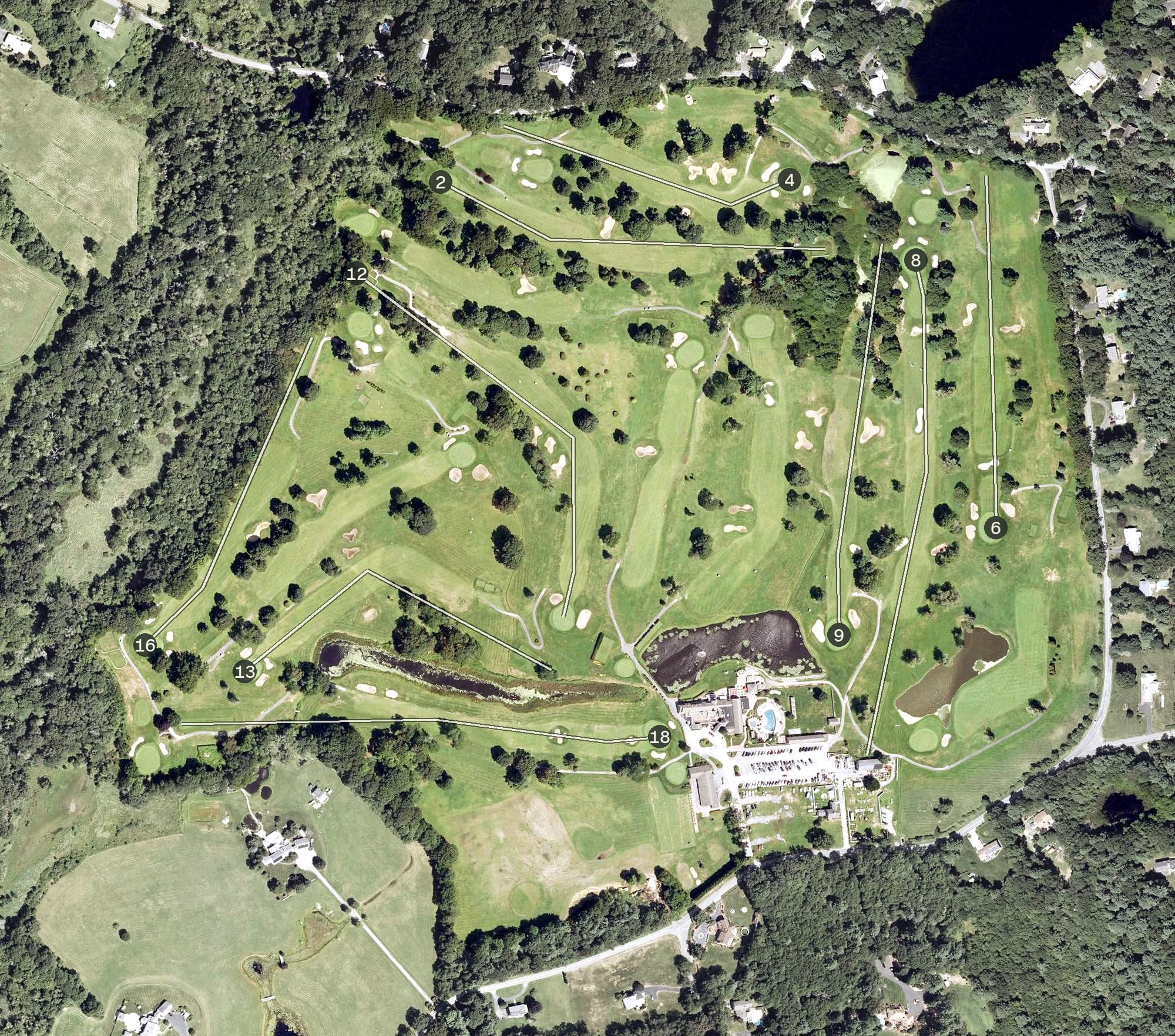 Aerial view of Crestwood Country Club, MA, with its hole routing marked