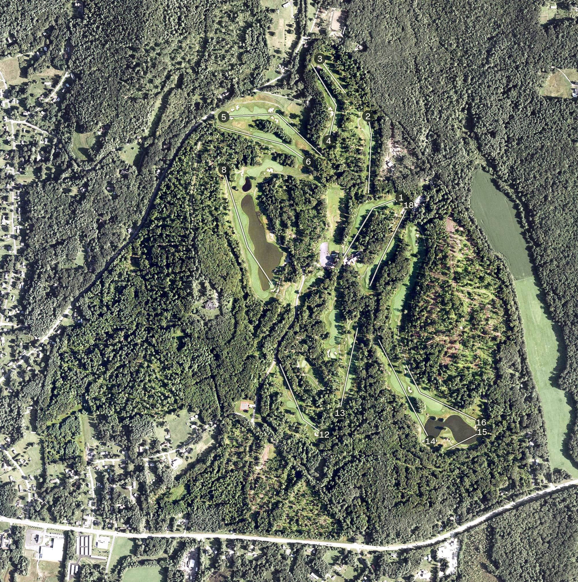 Aerial view of Crumpin-Fox Club, MA, with its hole routing marked