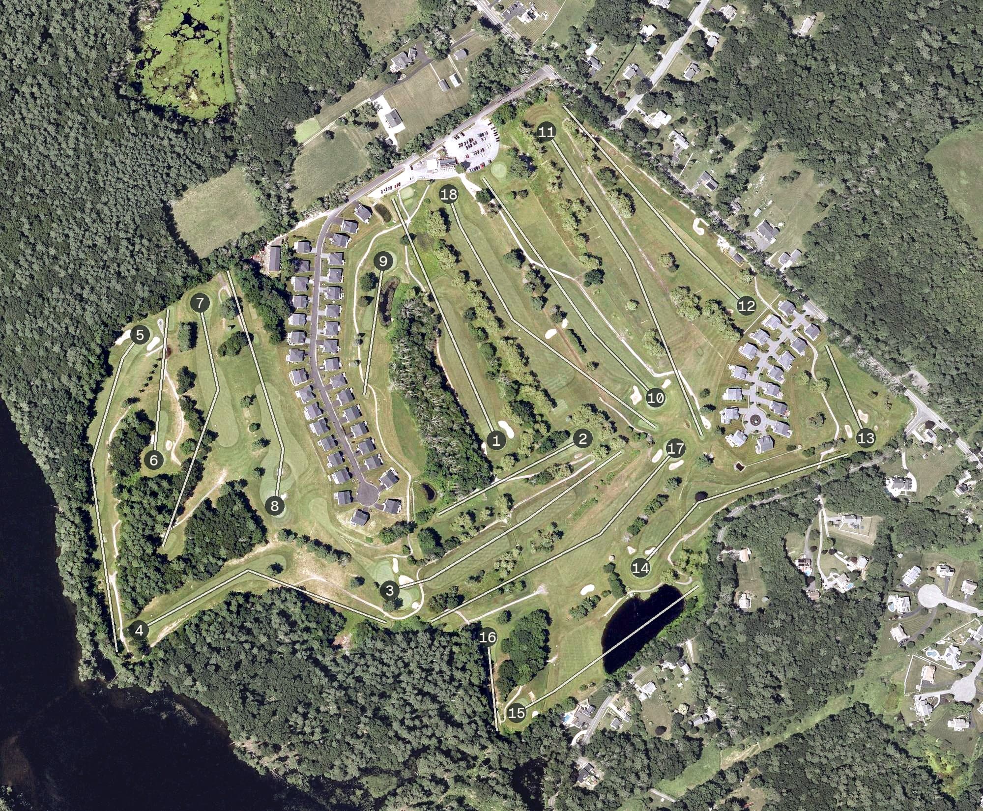 Aerial view of Crystal Lake Golf Club, MA, with its hole routing marked