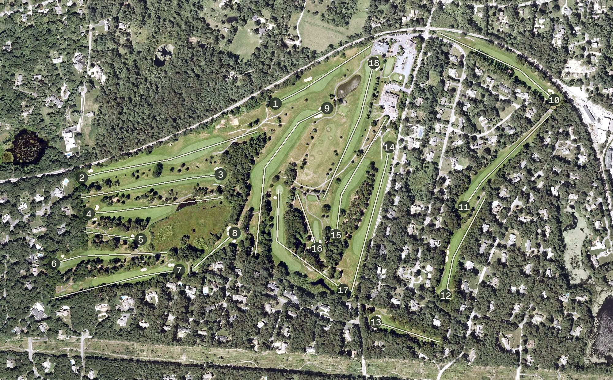 Aerial view of Cummaquid Golf Club, MA, with its hole routing marked