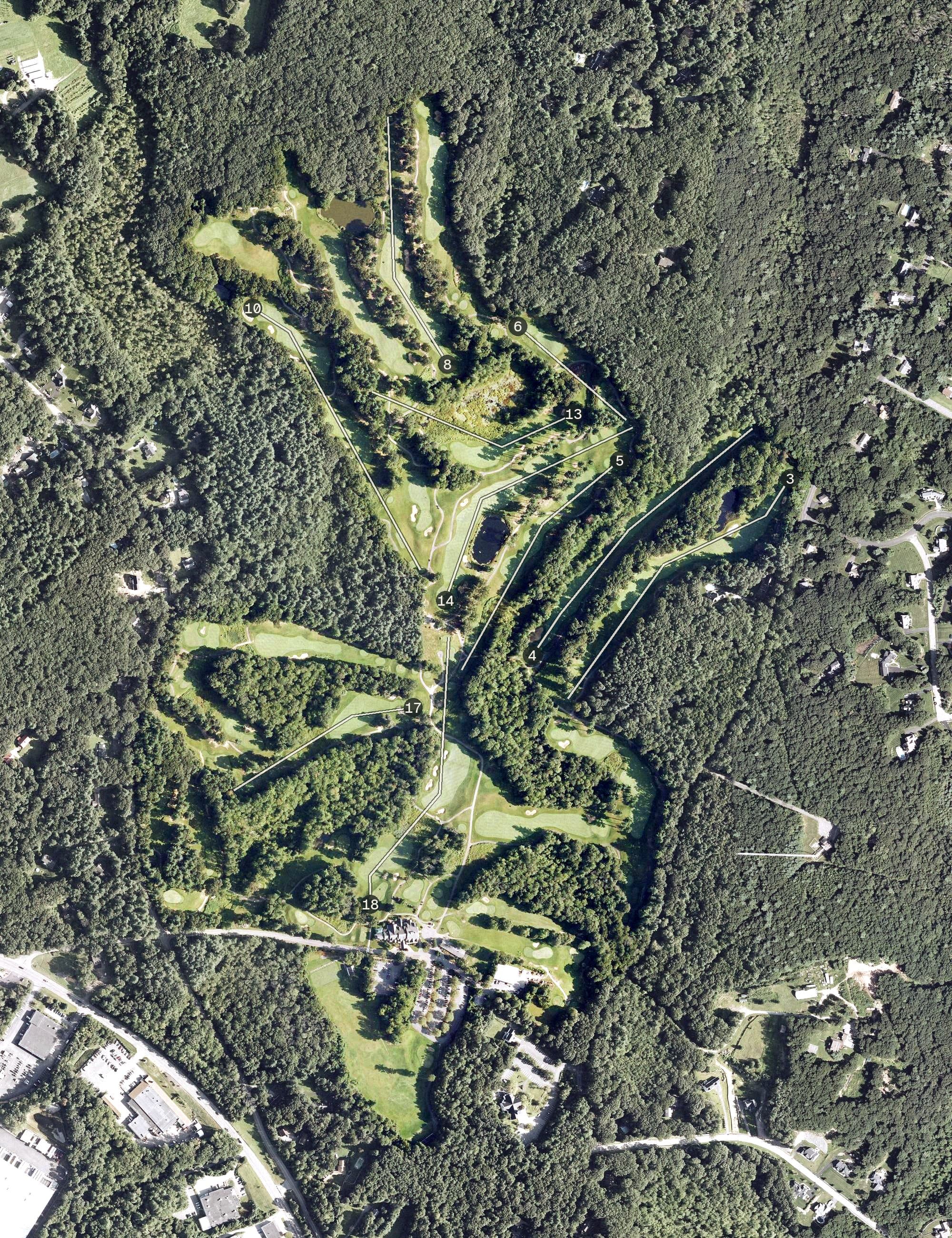 Aerial view of Cyprian Keyes Golf Club, MA, with its hole routing marked