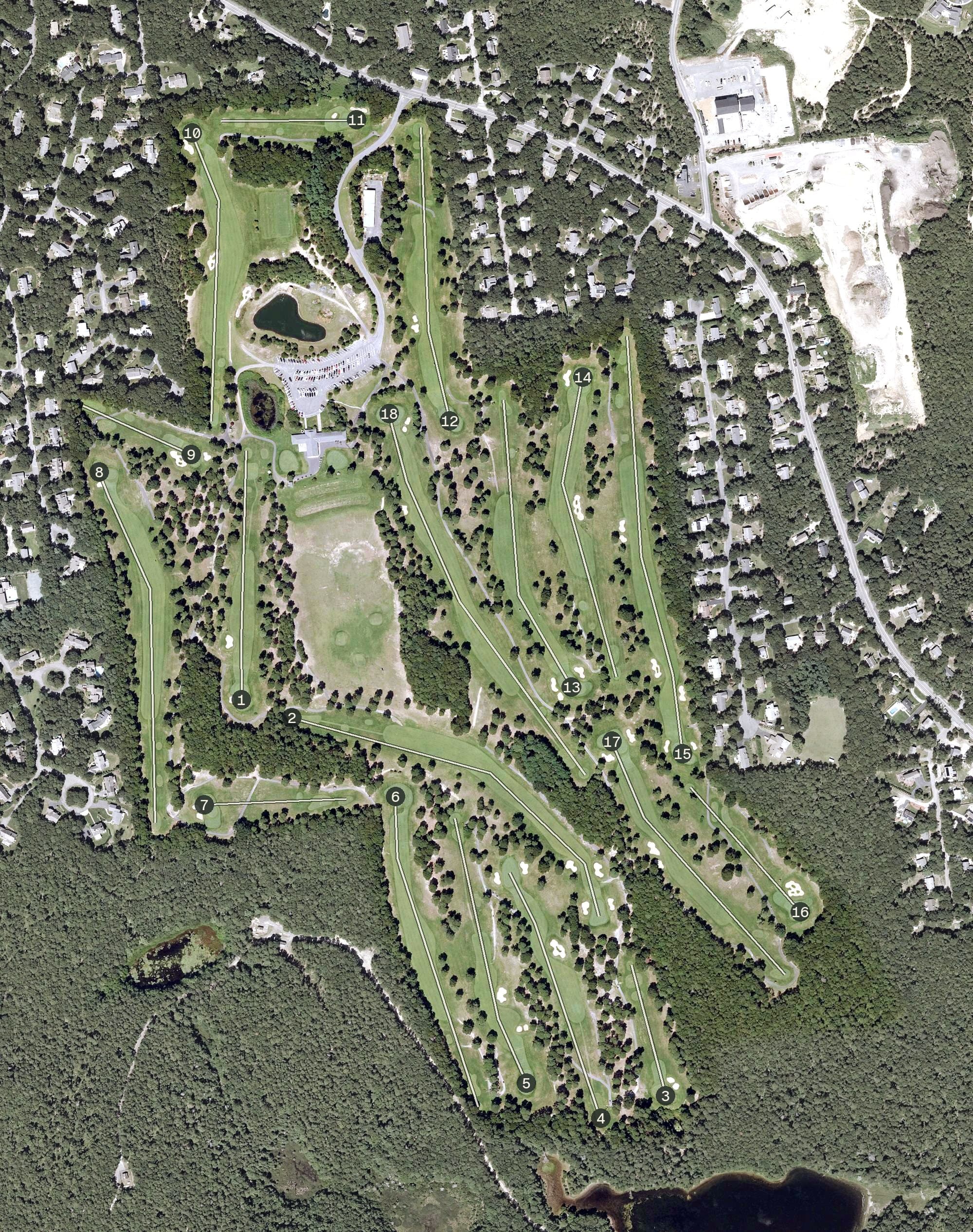 Aerial view of Dennis Highlands Golf Course, MA, with its hole routing marked