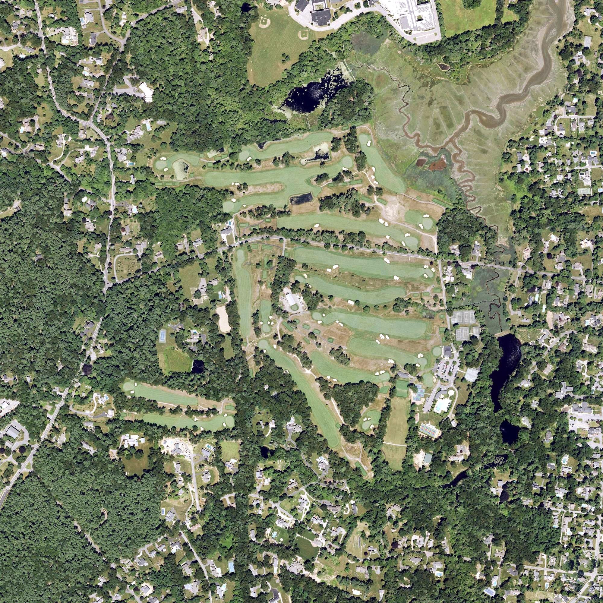 Aerial view of Duxbury Yacht Club Golf Course, MA, with its hole routing marked