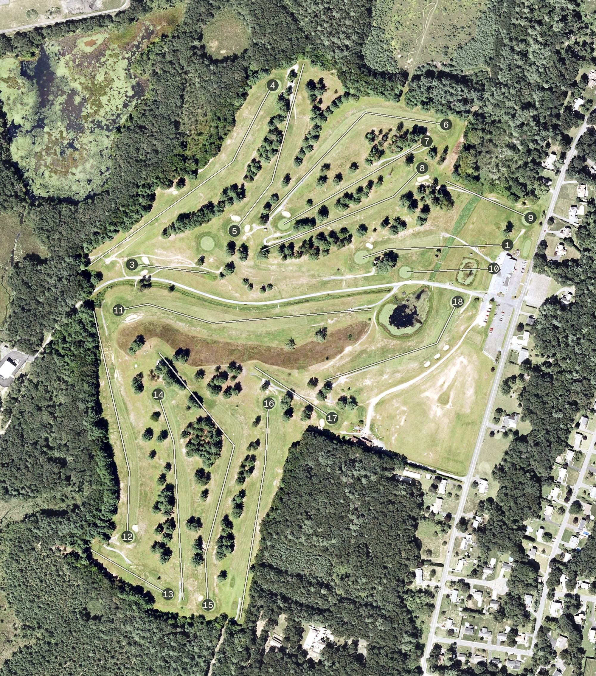 Aerial view of East Mountain Country Club, MA, with its hole routing marked
