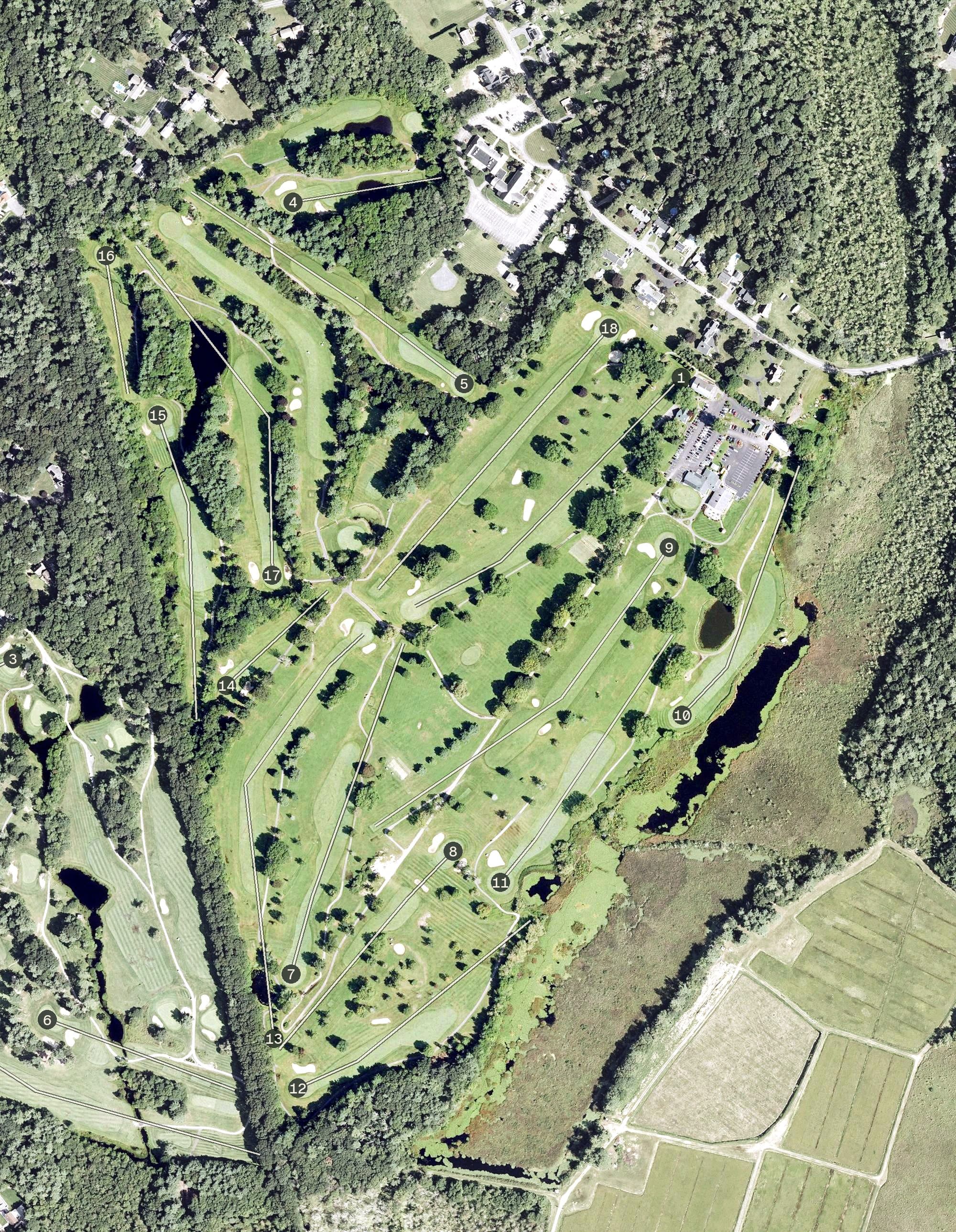 Aerial view of Easton Country Club, MA, with its hole routing marked
