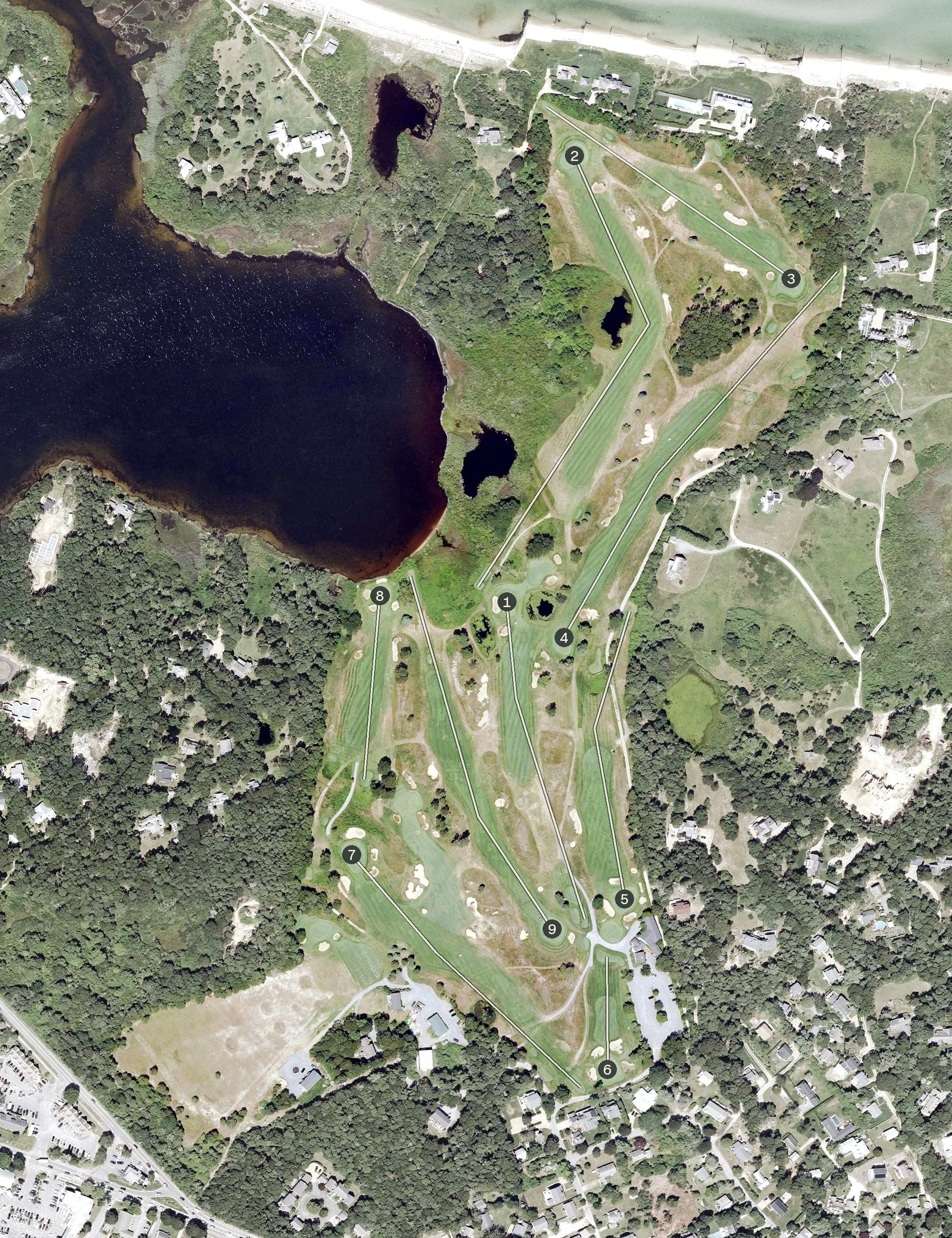 Aerial view of Edgartown Golf Club, MA, with its hole routing marked