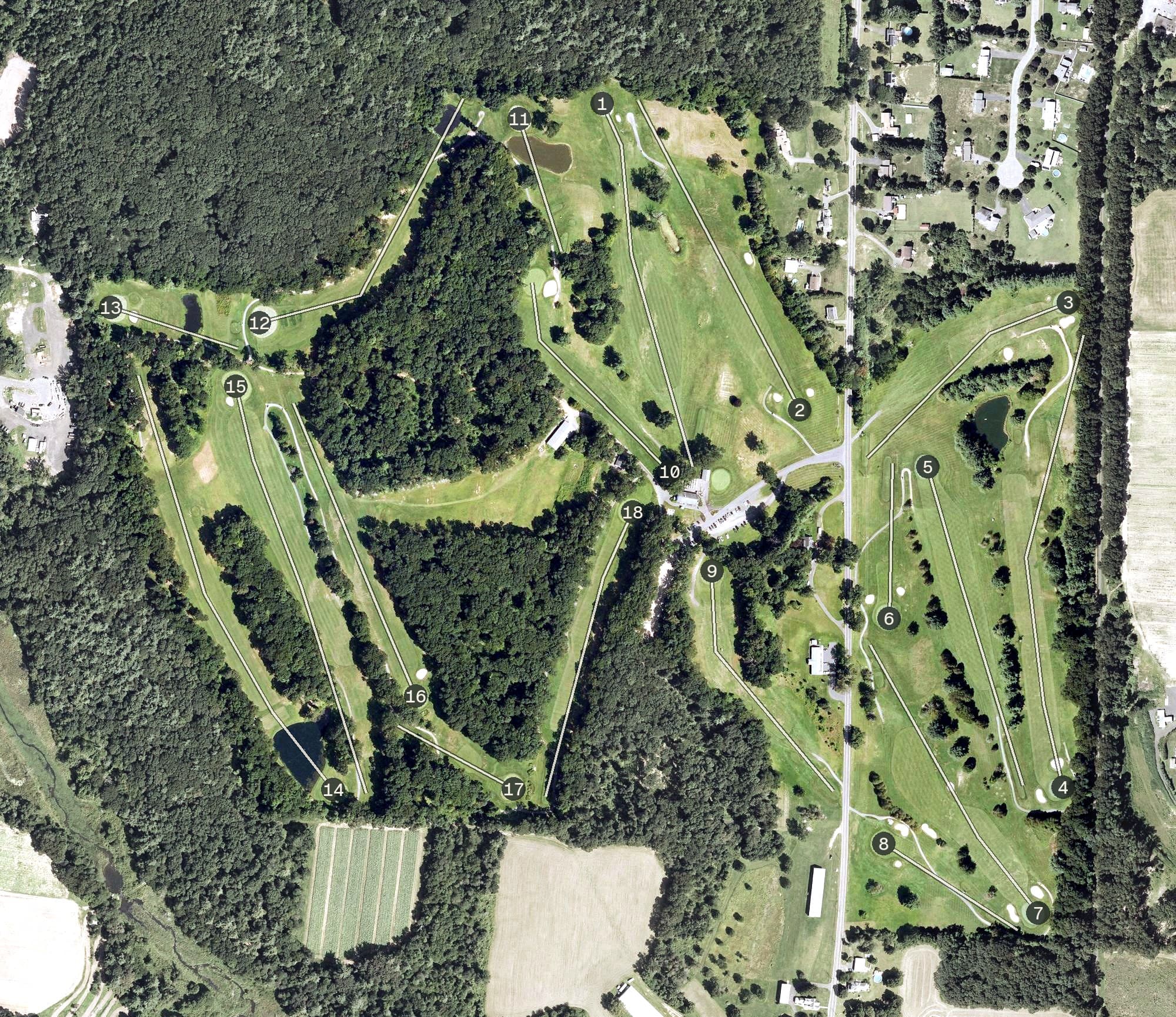 Aerial view of Edgewood Golf Course, MA, with its hole routing marked