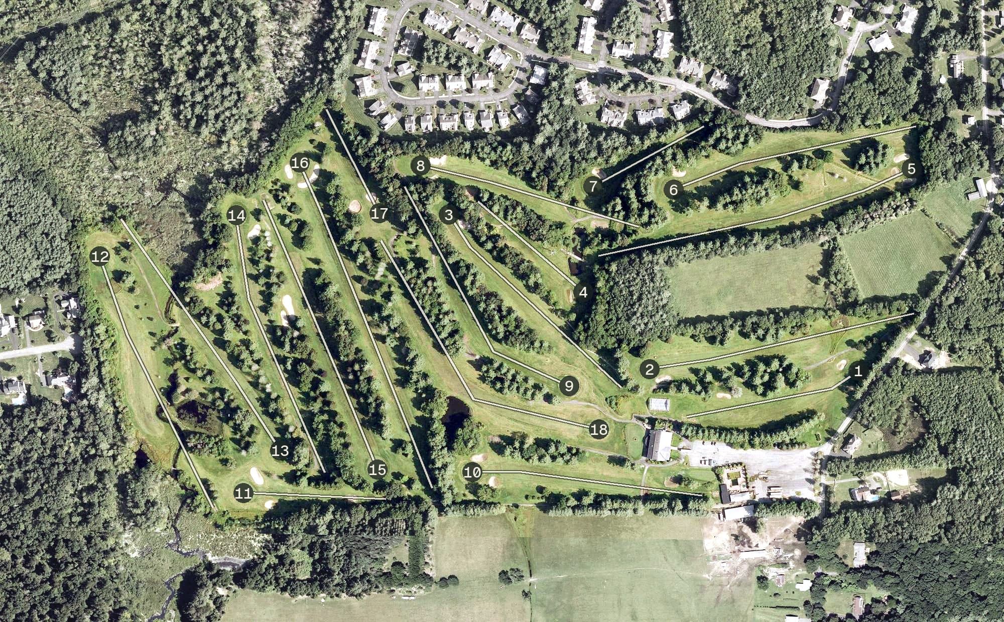 Aerial view of Elmcrest Country Club, MA, with its hole routing marked