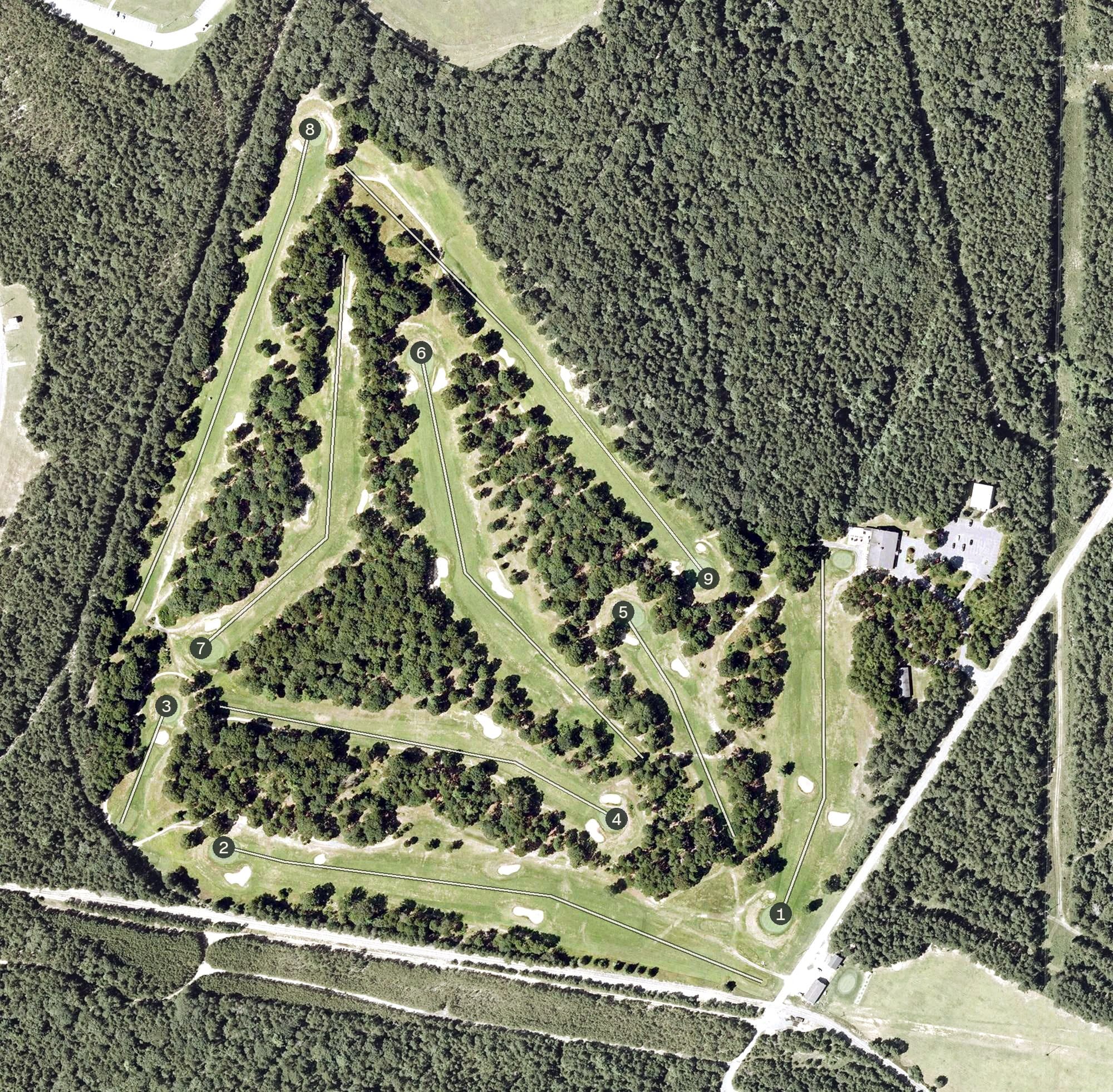 Aerial view of Falcon Golf Course, MA, with its hole routing marked