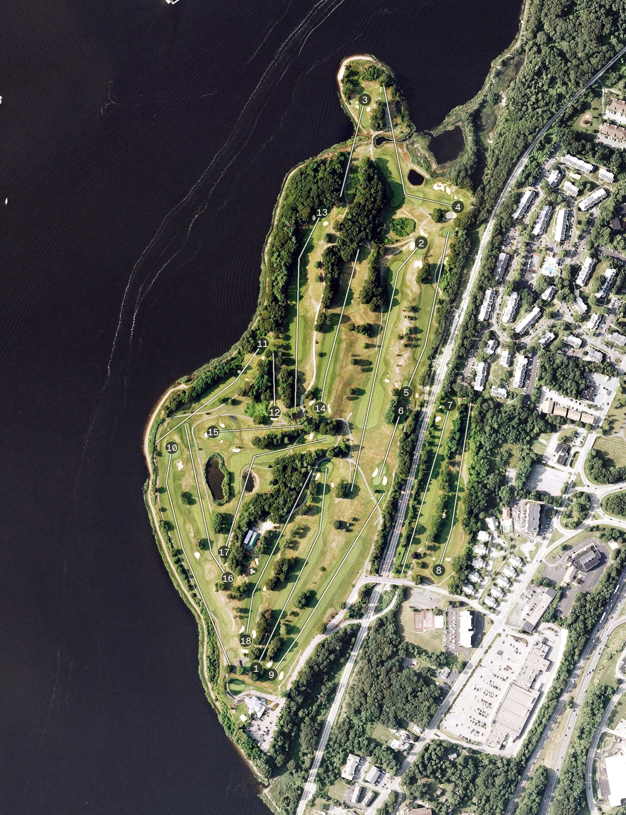 Aerial view of Fall River Country Club, MA, with its hole routing marked