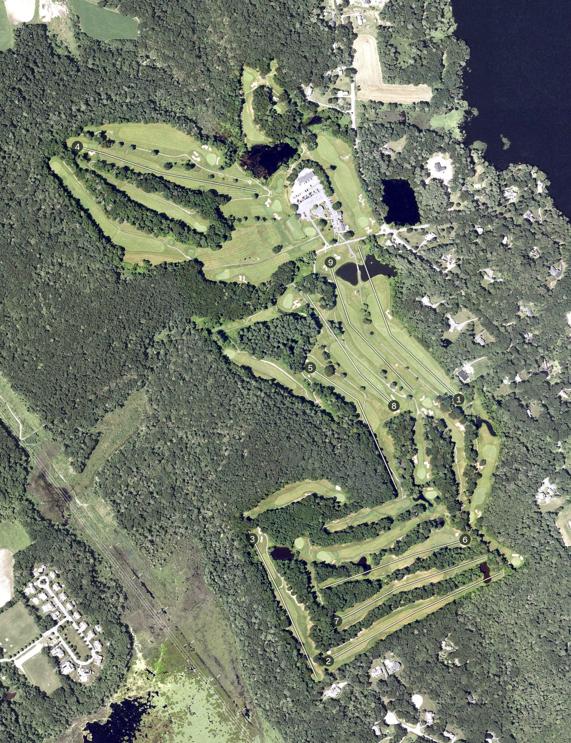 Aerial view of Far Corner Golf, MA, with its hole routing marked