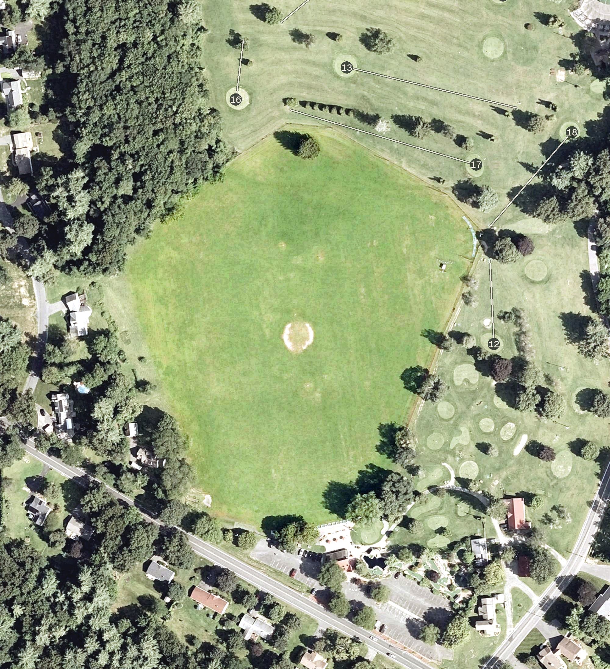 Aerial view of Fenway Driving Range, MA, with its hole routing marked