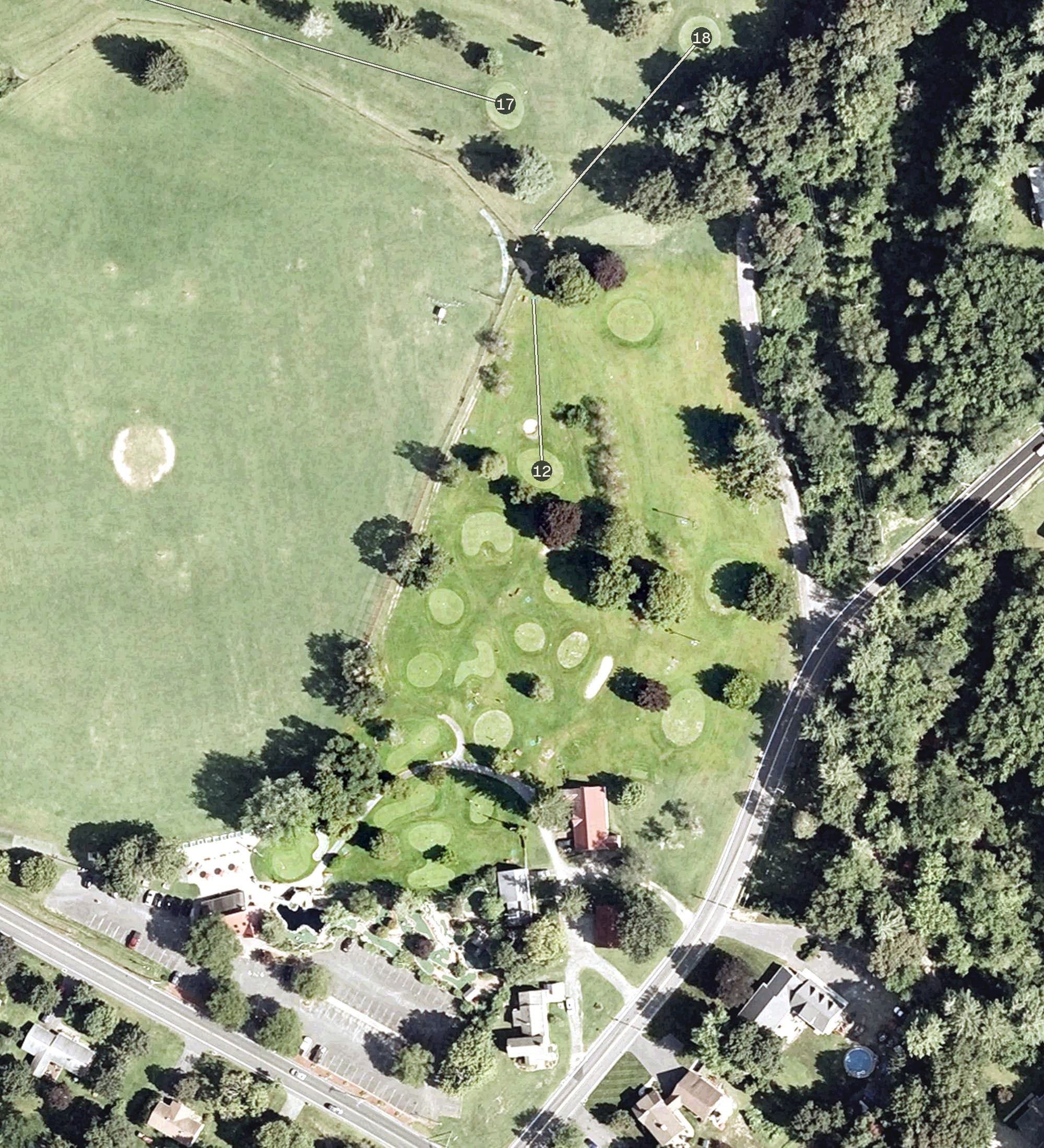 Aerial view of Fenway Pitch and Putt, MA, with its hole routing marked
