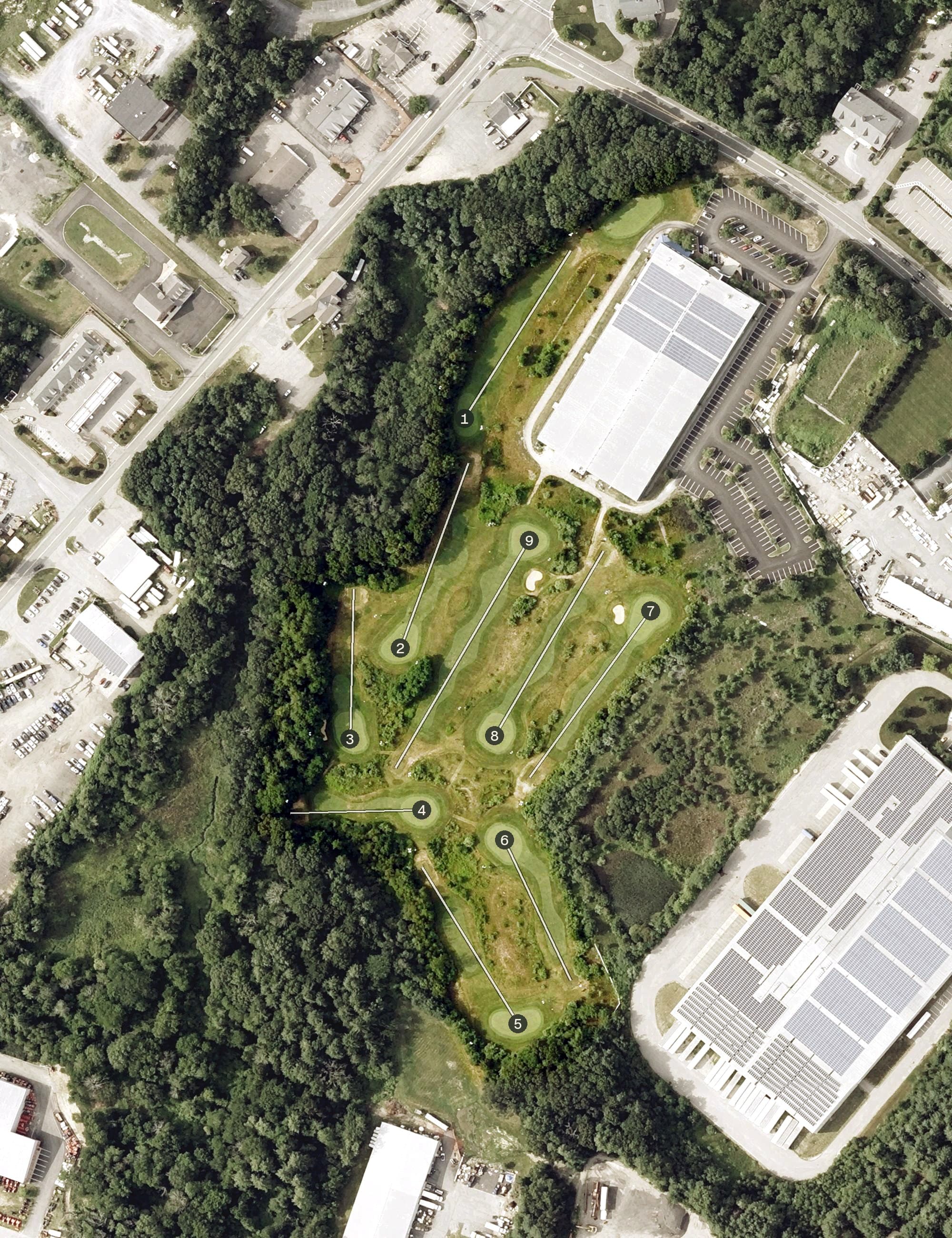 Aerial view of Fore Kicks, MA, with its hole routing marked