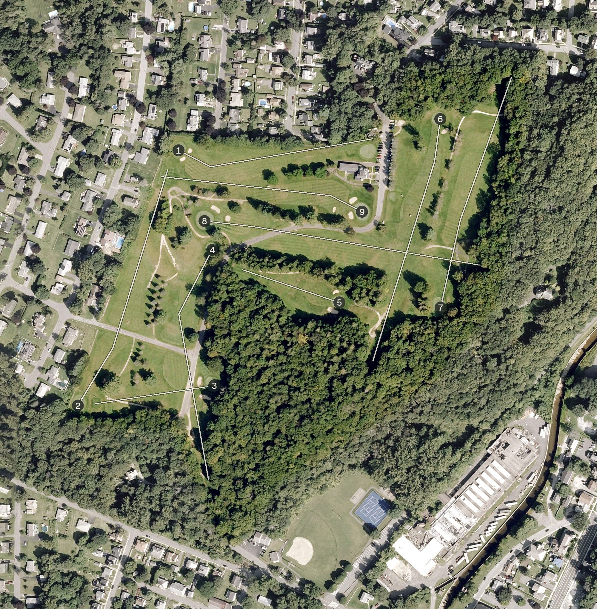 Aerial view of Forest Park Country Club, MA, with its hole routing marked