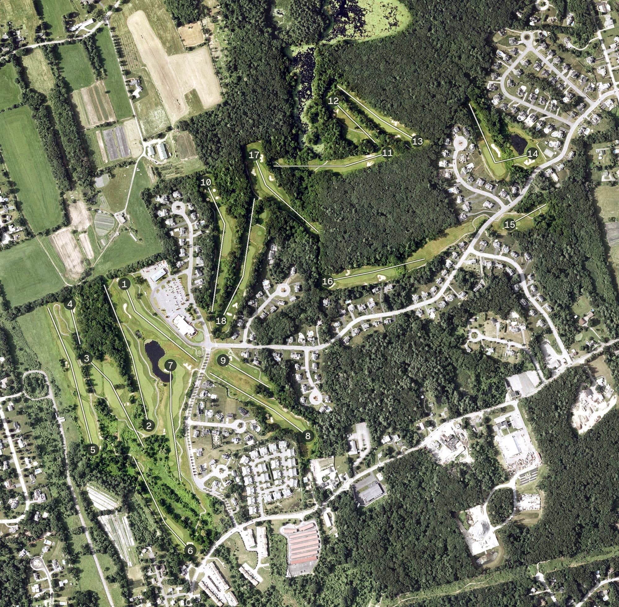 Aerial view of Four Oaks Country Club, MA, with its hole routing marked