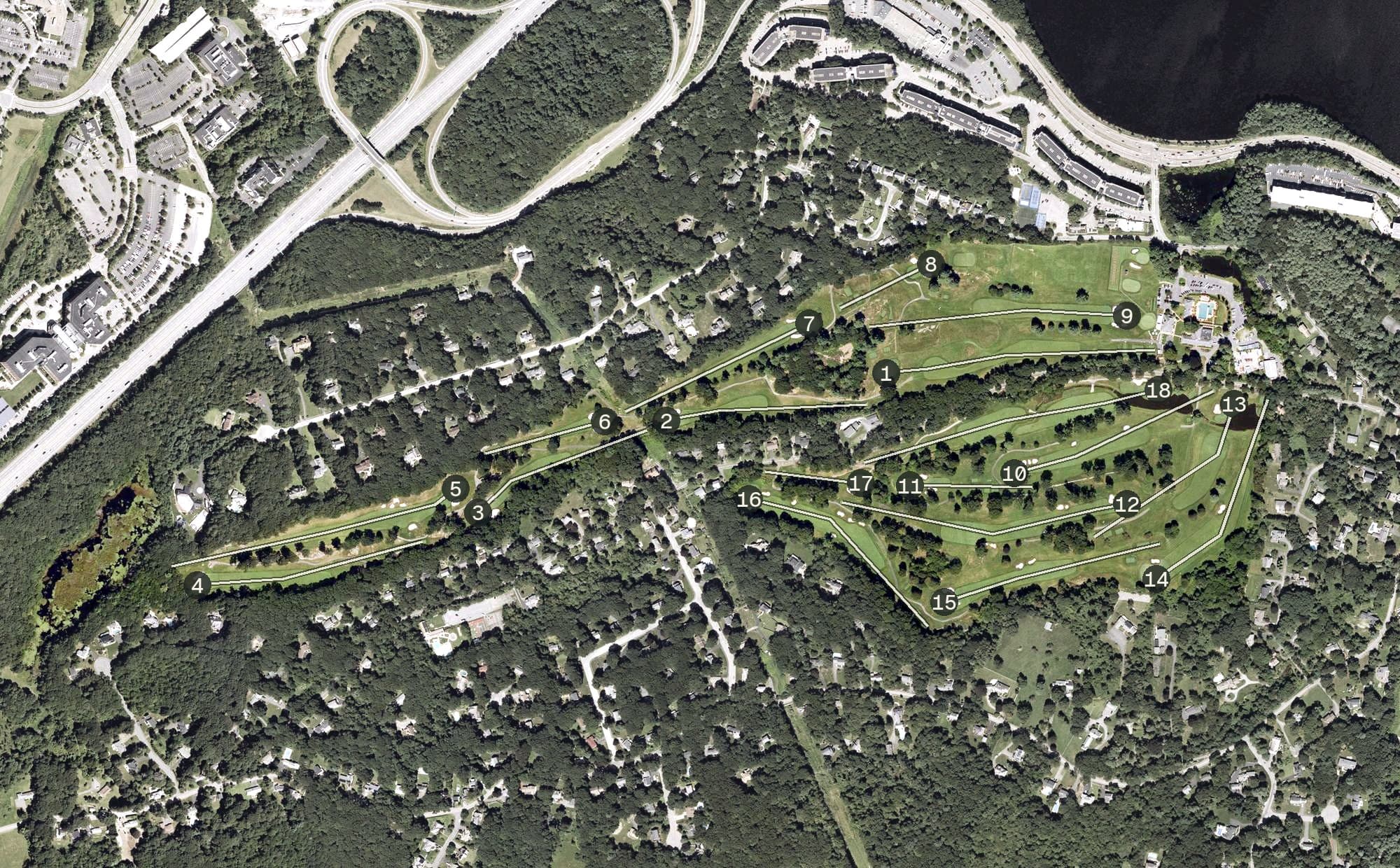 Aerial view of Framingham Country Club, MA, with its hole routing marked