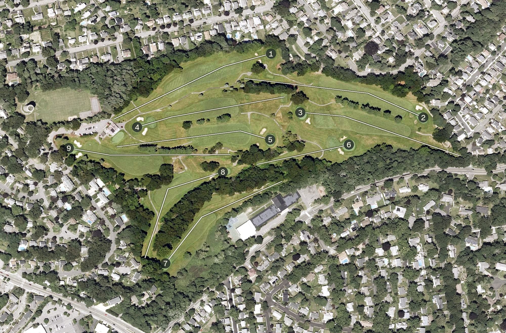 Aerial view of Furnace Brook Golf Club, MA, with its hole routing marked