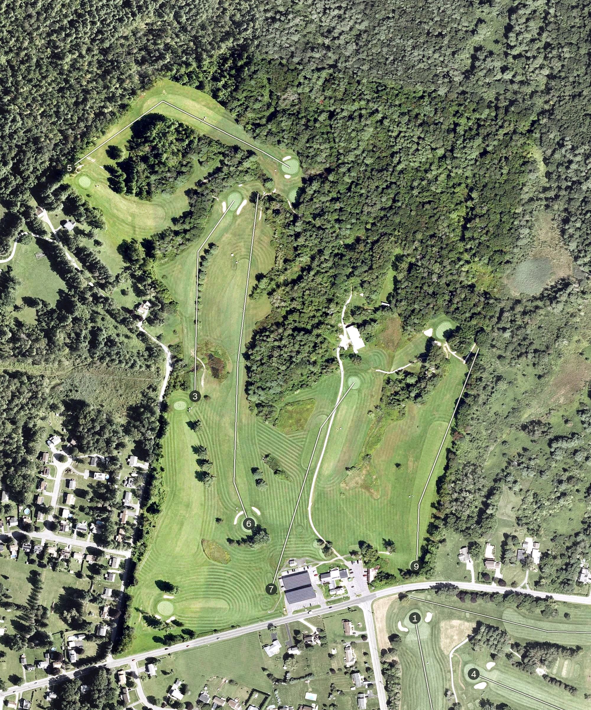 Aerial view of General Electric Athletic Association, MA, with its hole routing marked