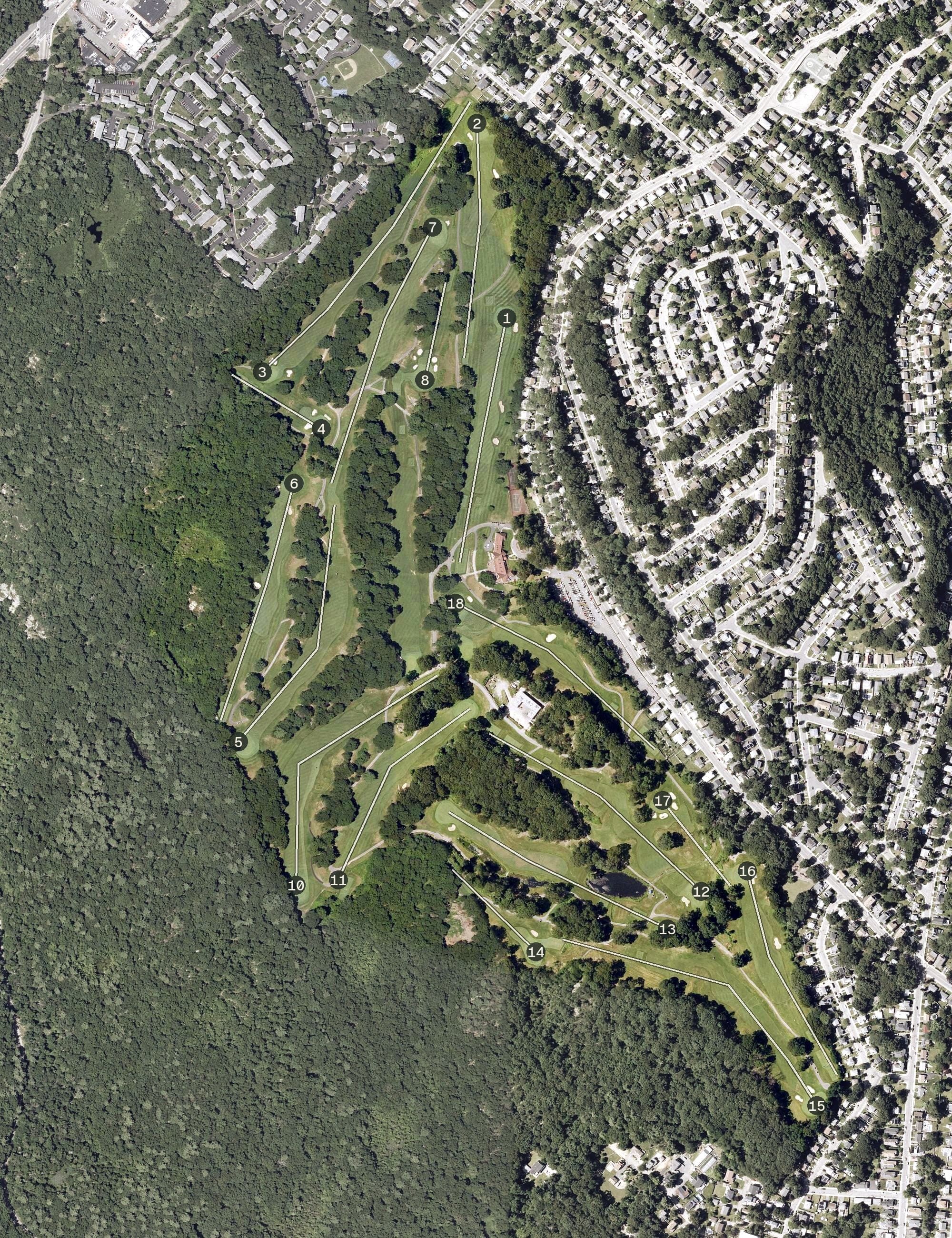 Aerial view of George Wright Golf Course, MA, with its hole routing marked