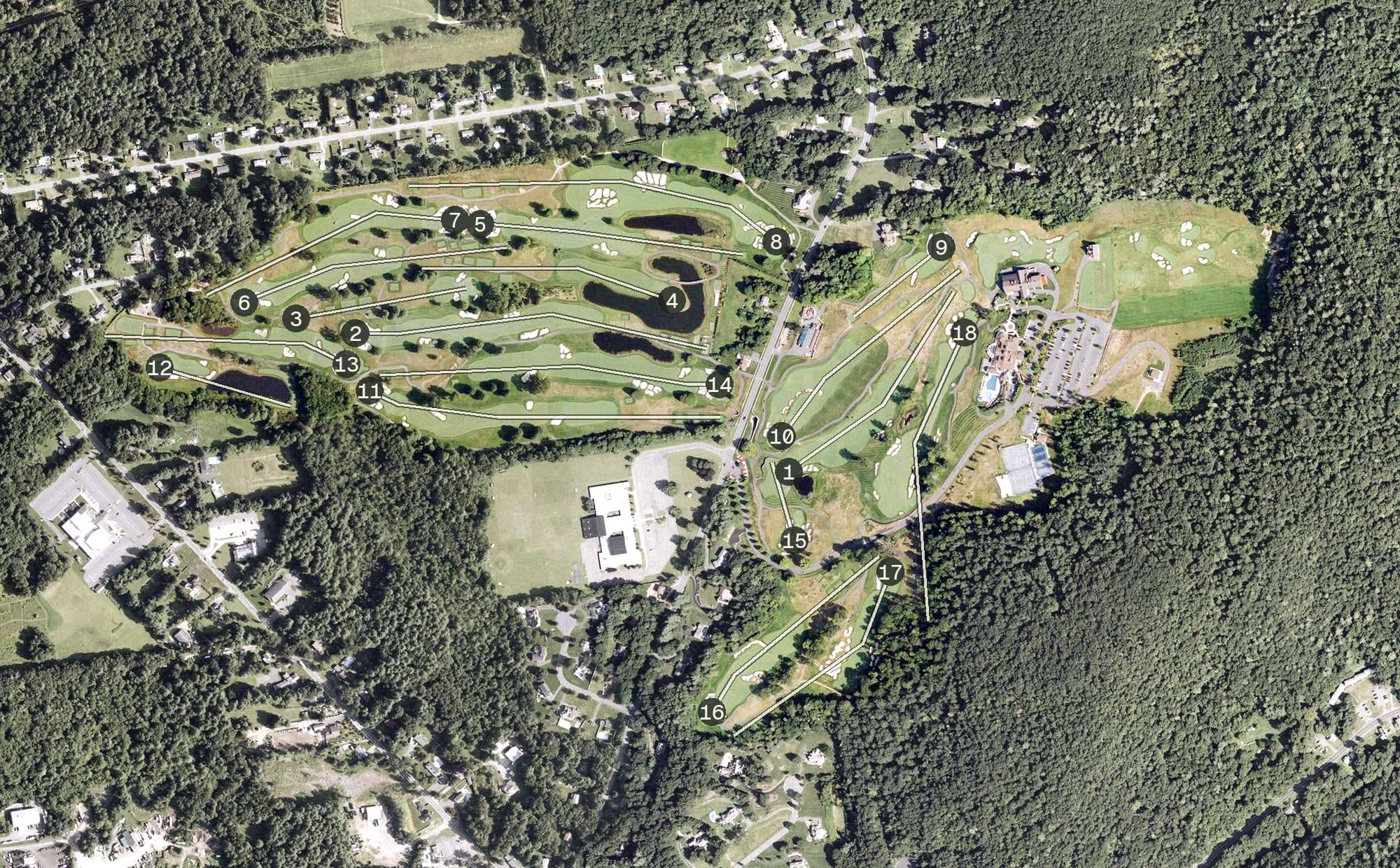 Aerial view of GreatHorse, MA, with its hole routing marked