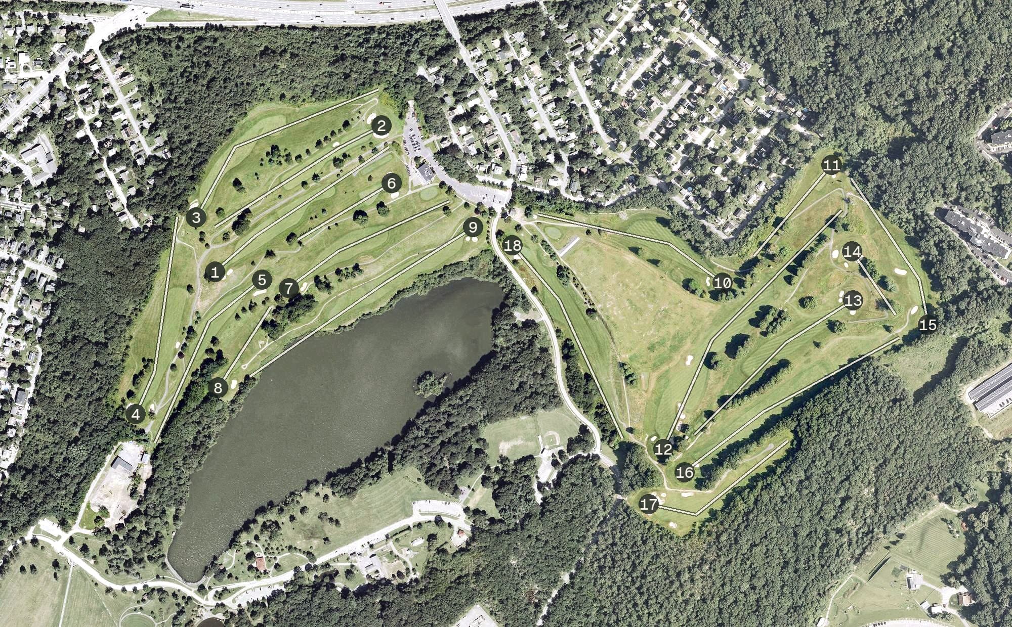 Aerial view of Green Hill Golf Course, MA, with its hole routing marked