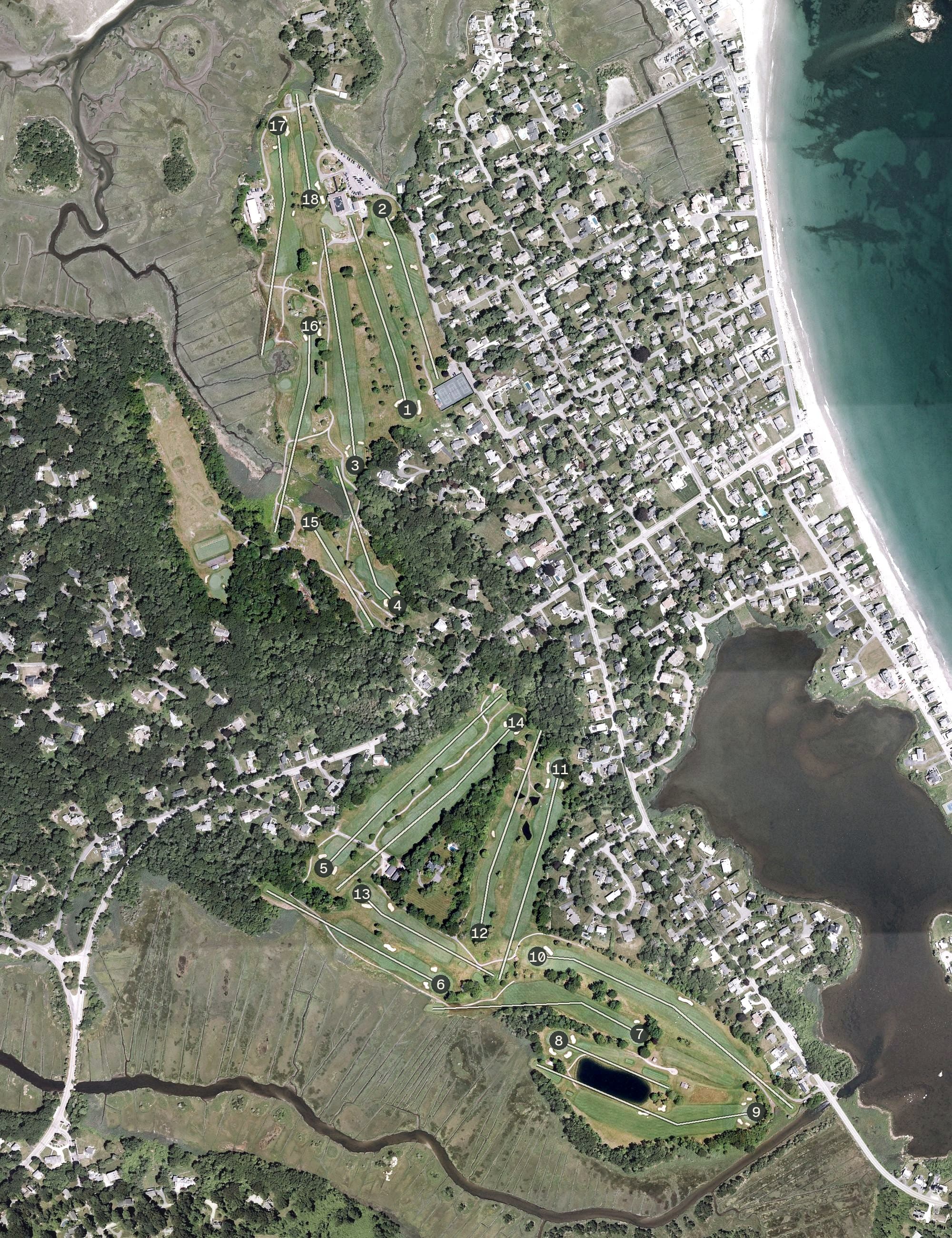 Aerial view of Hatherly Country Club, MA, with its hole routing marked
