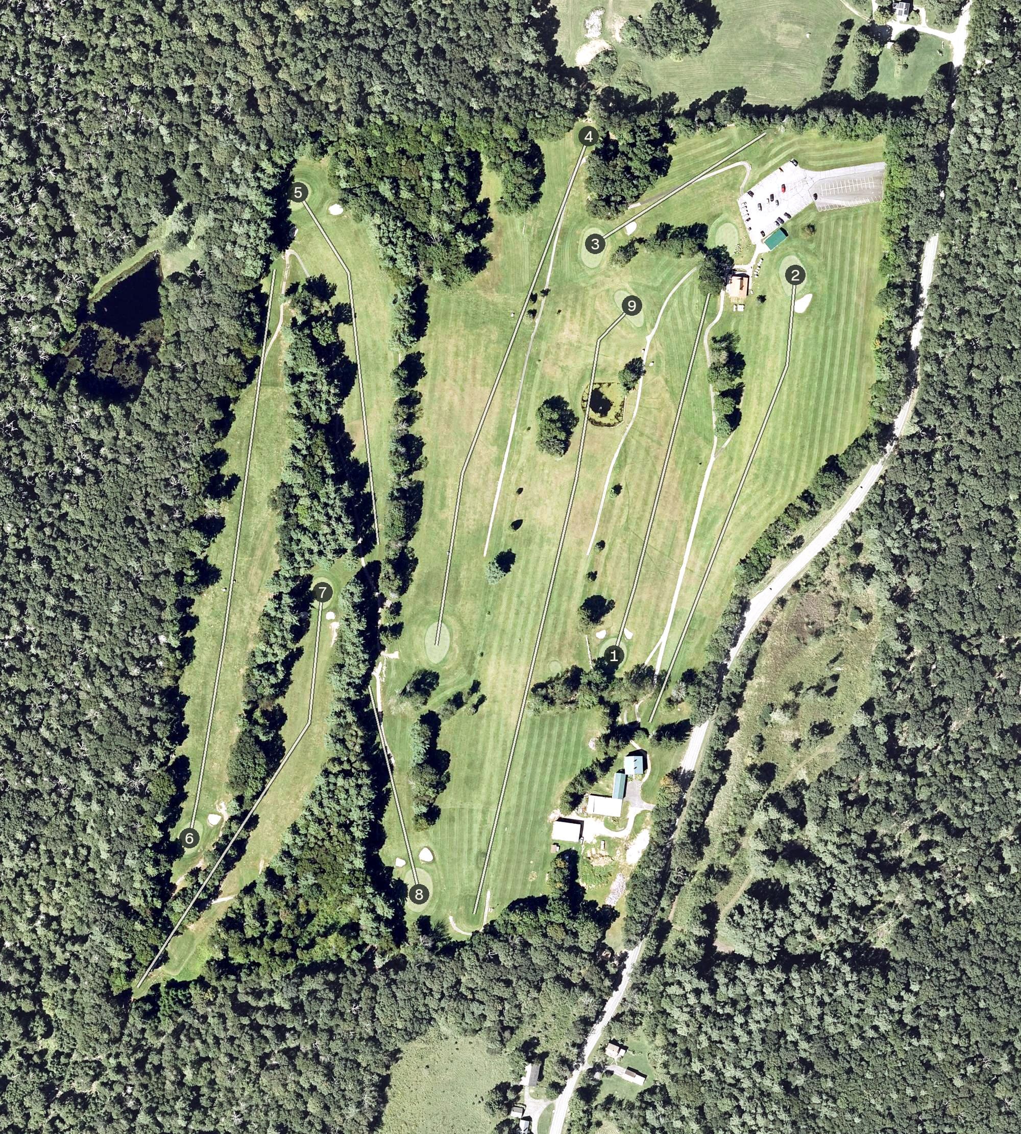 Aerial view of Hemlock Ridge Golf Course, MA, with its hole routing marked