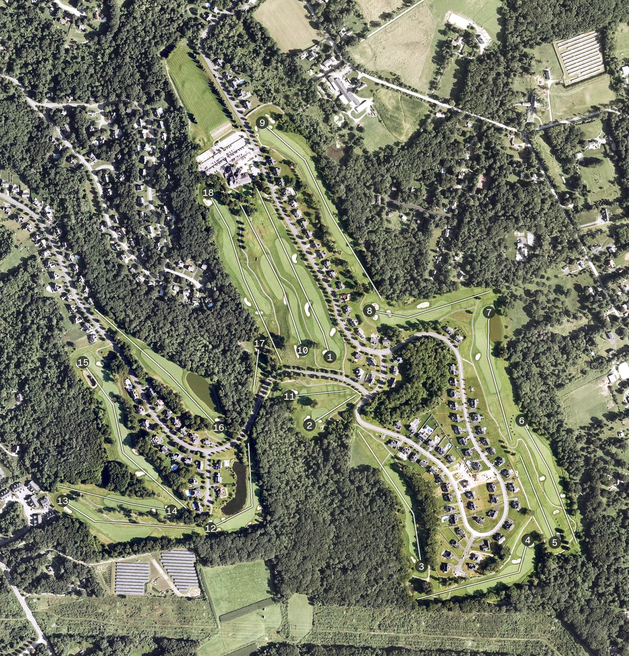 Aerial view of Highfields Golf & Country Club, MA, with its hole routing marked